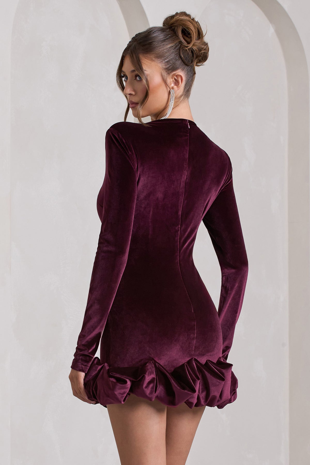 Claudine | Port Velvet Long-Sleeved Ruffled Mini Dress - Club L 