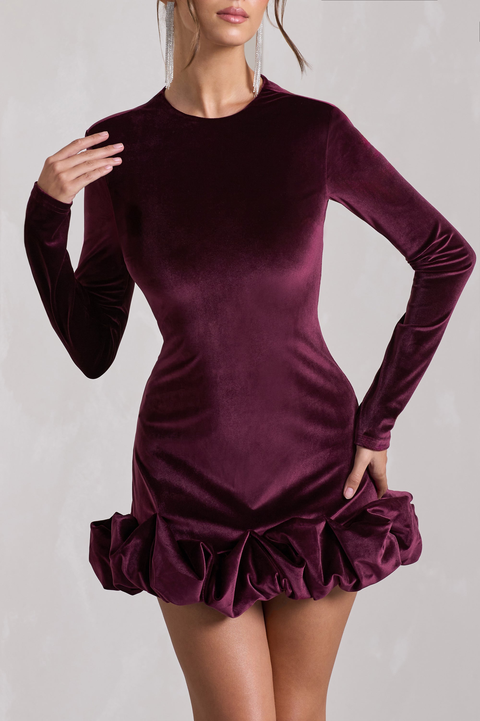 Claudine | Port Velvet Long-Sleeved Ruffled Mini Dress - Club L 
