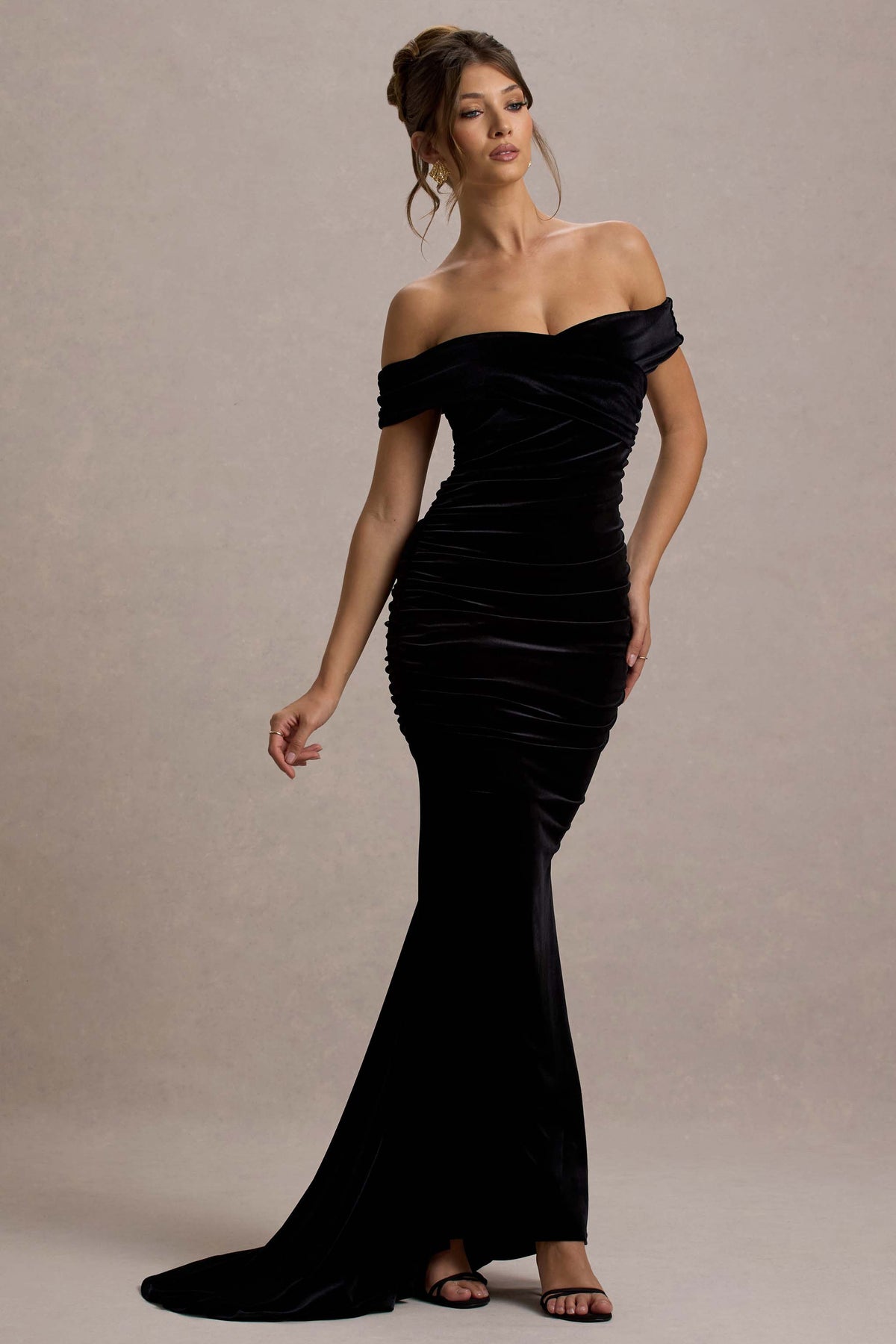 Apolline Black Velvet Off The Shoulder Ruched Fishtail Maxi Dress Club L London - UK Apolline Black Velvet Off The Shoulder Ruched Fishtail Maxi Dress Club L London - UK