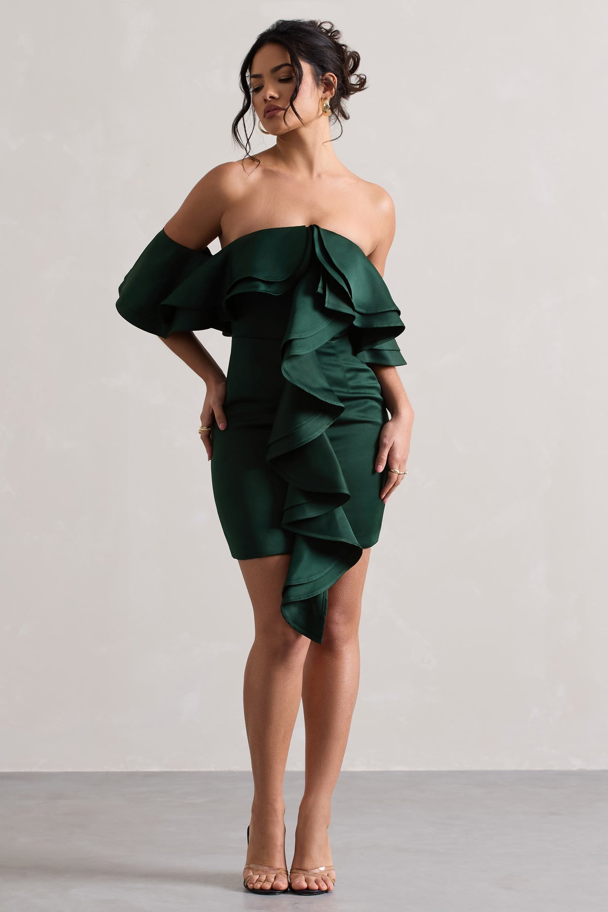 green emerald velvet dress Aspen Bottle Green Bardot Mini Dress With Ruffles – Club L London