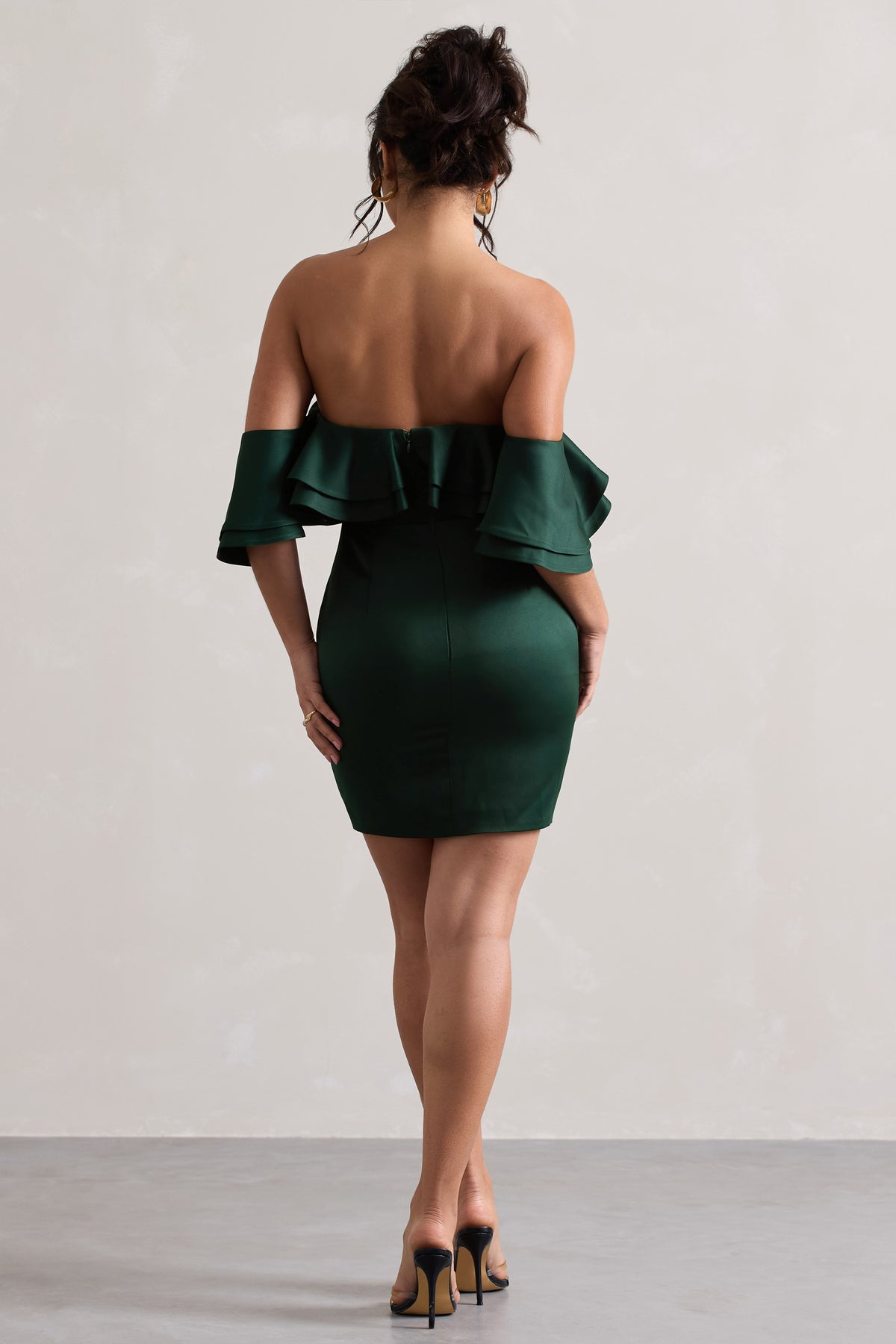 Aspen Bottle Green Bardot Mini Dress With Ruffles  Club L London - UK