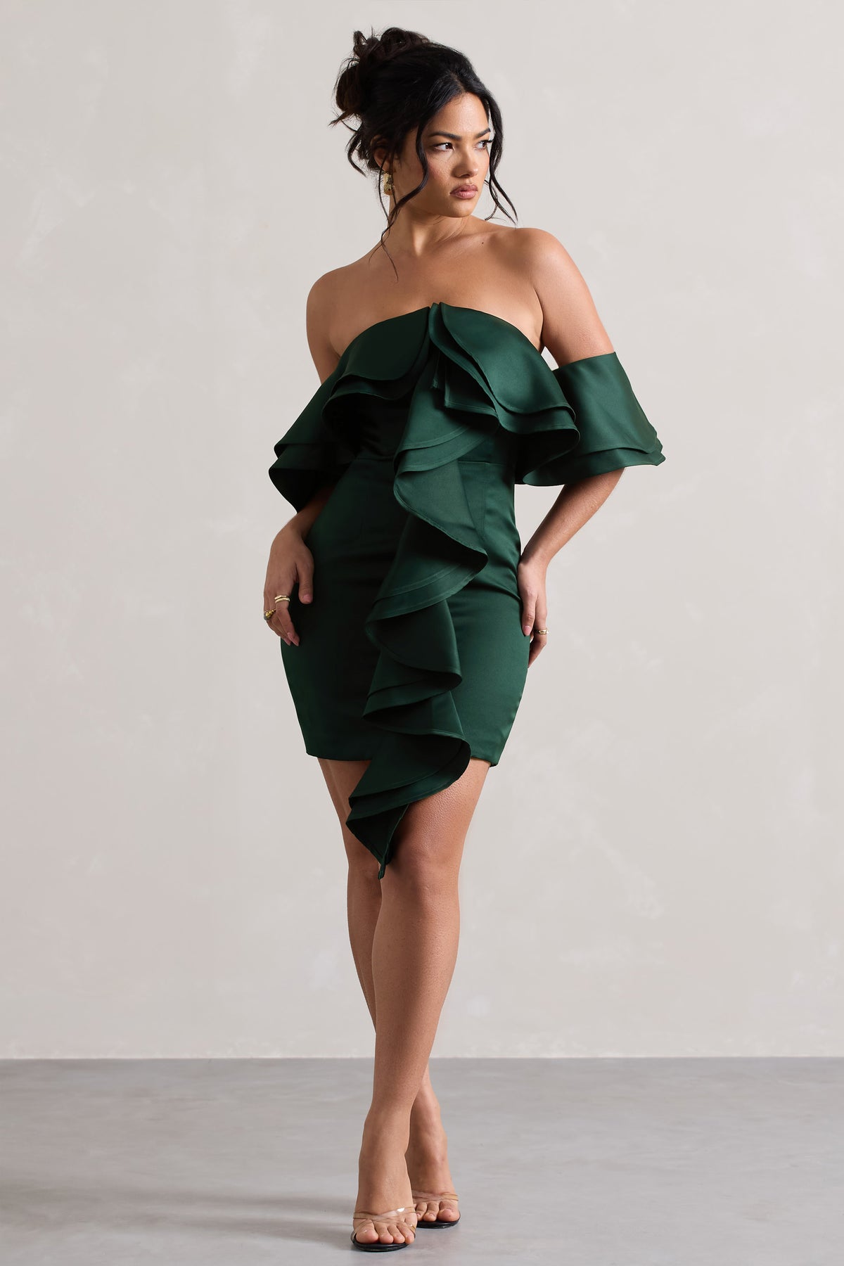 Aspen Bottle Green Bardot Mini Dress With Ruffles – Club L London