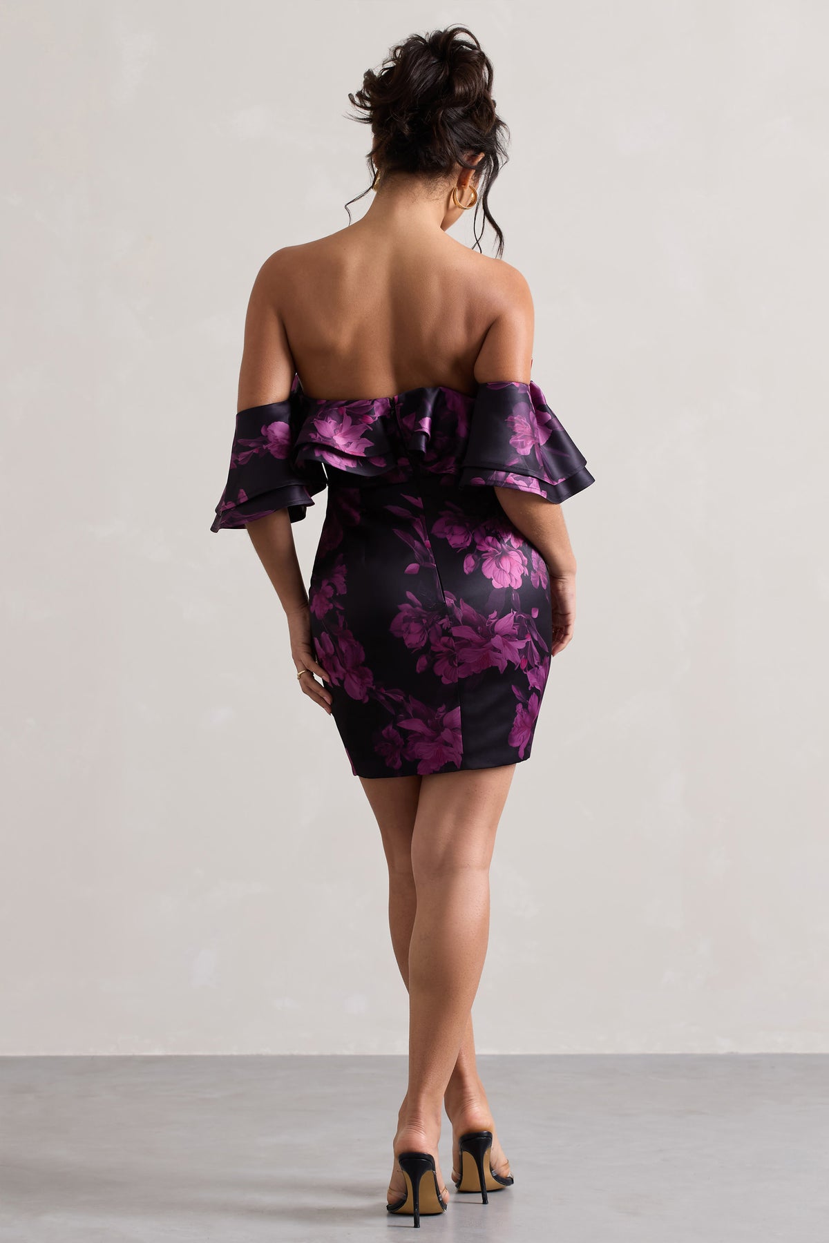 Aspen | Black Floral Print Bardot Mini Dress With Ruffles - Club L 