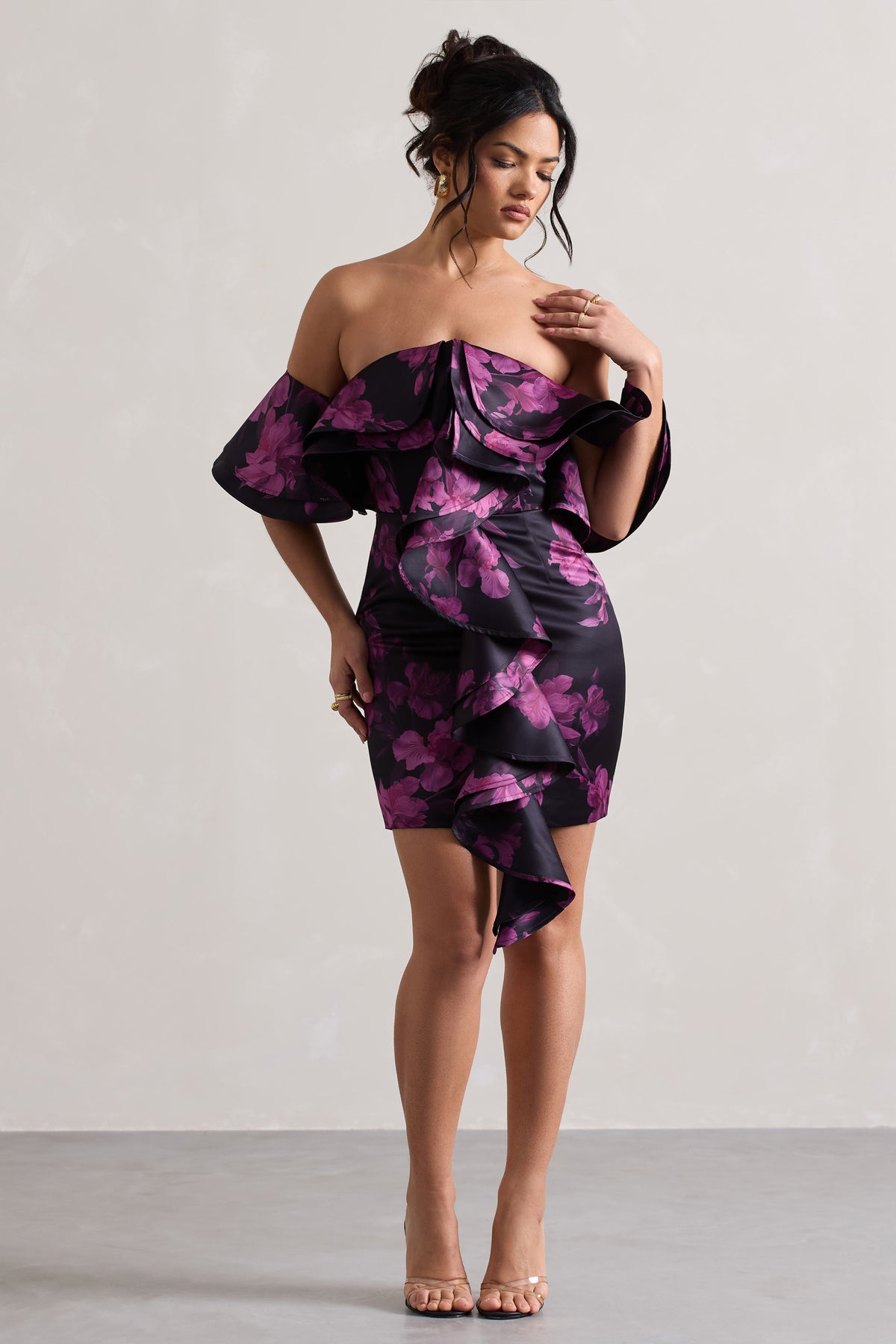 Aspen | Black Floral Print Bardot Mini Dress With Ruffles - Club L 