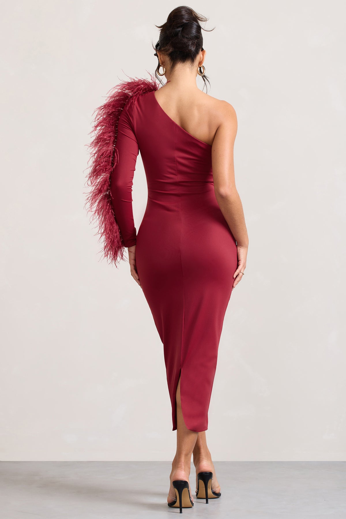 Wild One | Burgundy One-Shoulder Bodycon Midi Dress With Feather-Trimmed Sleeve - Club L 