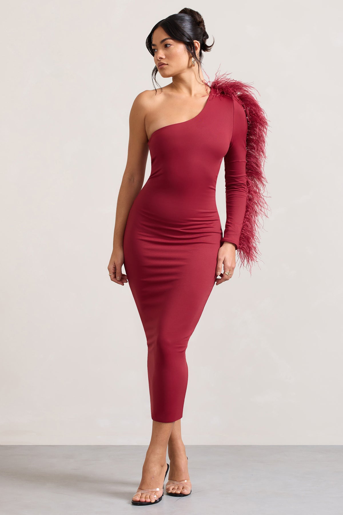 Wild One | Burgundy One-Shoulder Bodycon Midi Dress With Feather-Trimmed Sleeve - Club L 