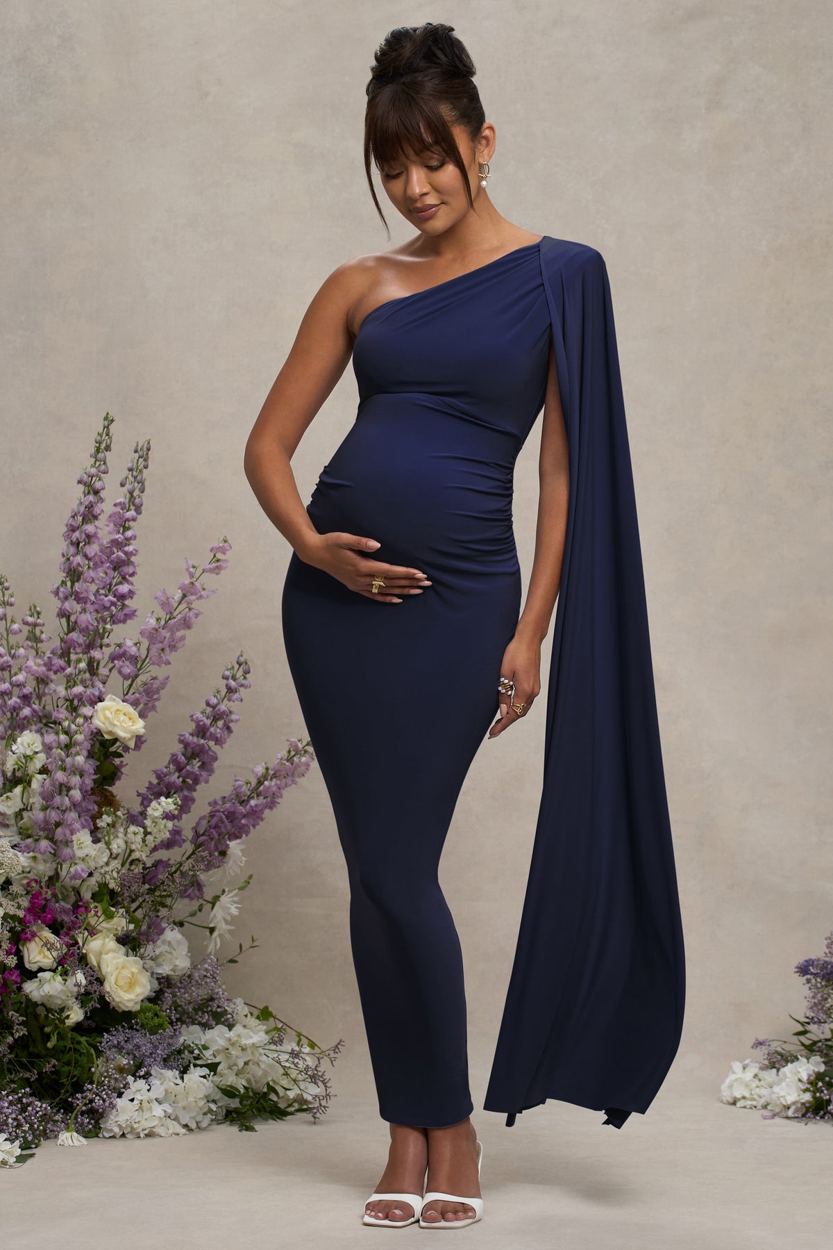 Amaryllis | Navy Maternity One Shoulder Maxi Dress with Cape Sleeve - Club L 