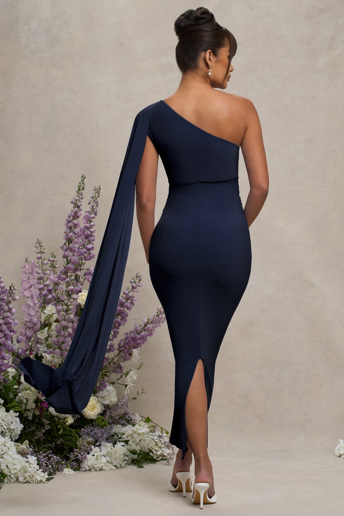 Amaryllis | Navy Maternity One Shoulder Maxi Dress with Cape Sleeve - Club L 