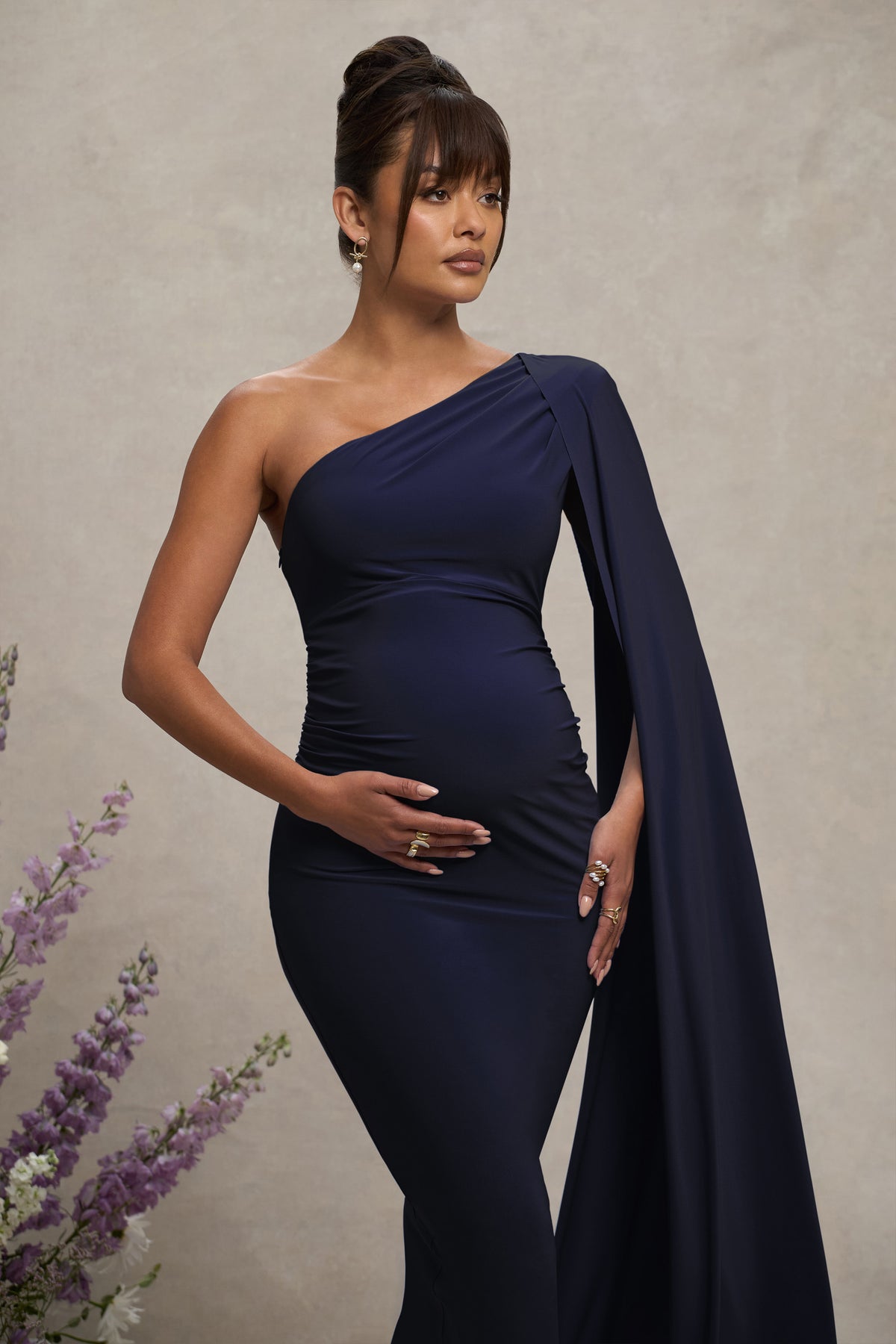 Amaryllis | Navy Maternity One Shoulder Maxi Dress with Cape Sleeve - Club L 