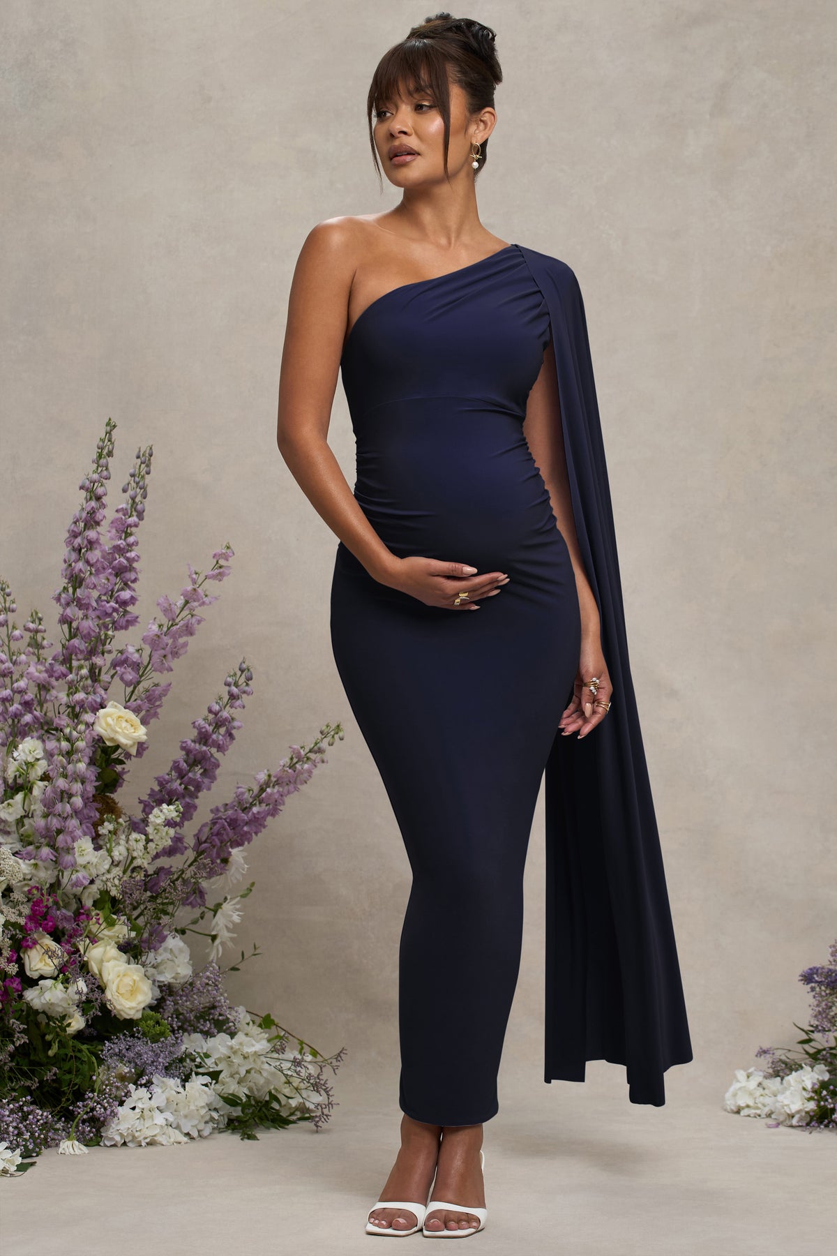 Amaryllis | Navy Maternity One Shoulder Maxi Dress with Cape Sleeve - Club L 