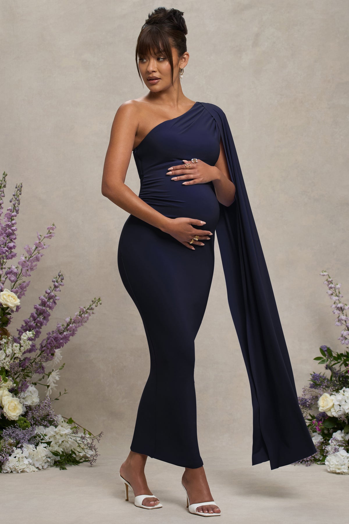 Amaryllis | Navy Maternity One Shoulder Maxi Dress with Cape Sleeve - Club L 