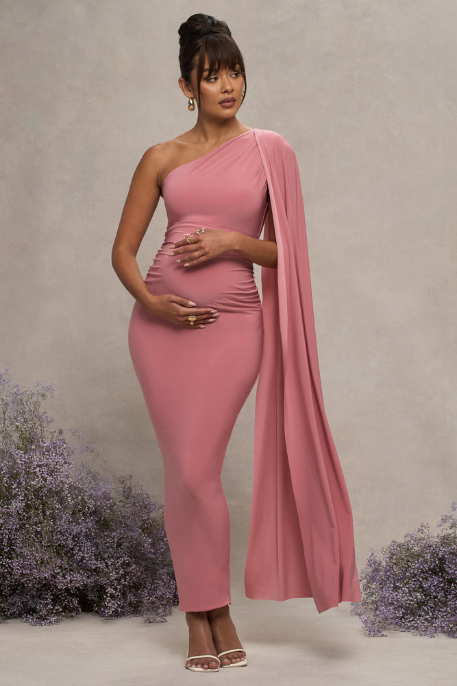Amaryllis Blush Pink Maternity One Shoulder Maxi Dress Cape Sleeve