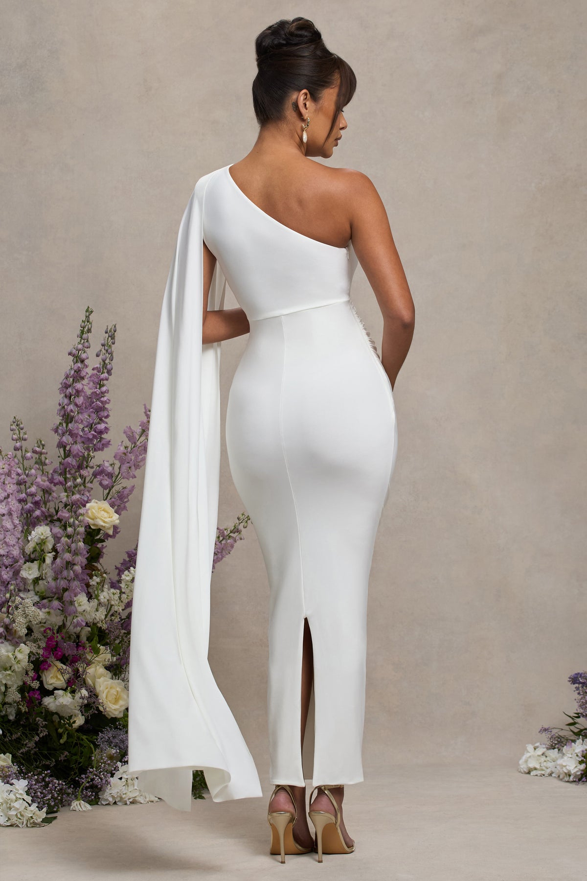 Amaryllis | White Maternity One Shoulder Maxi Dress with Cape Sleeve - Club L 