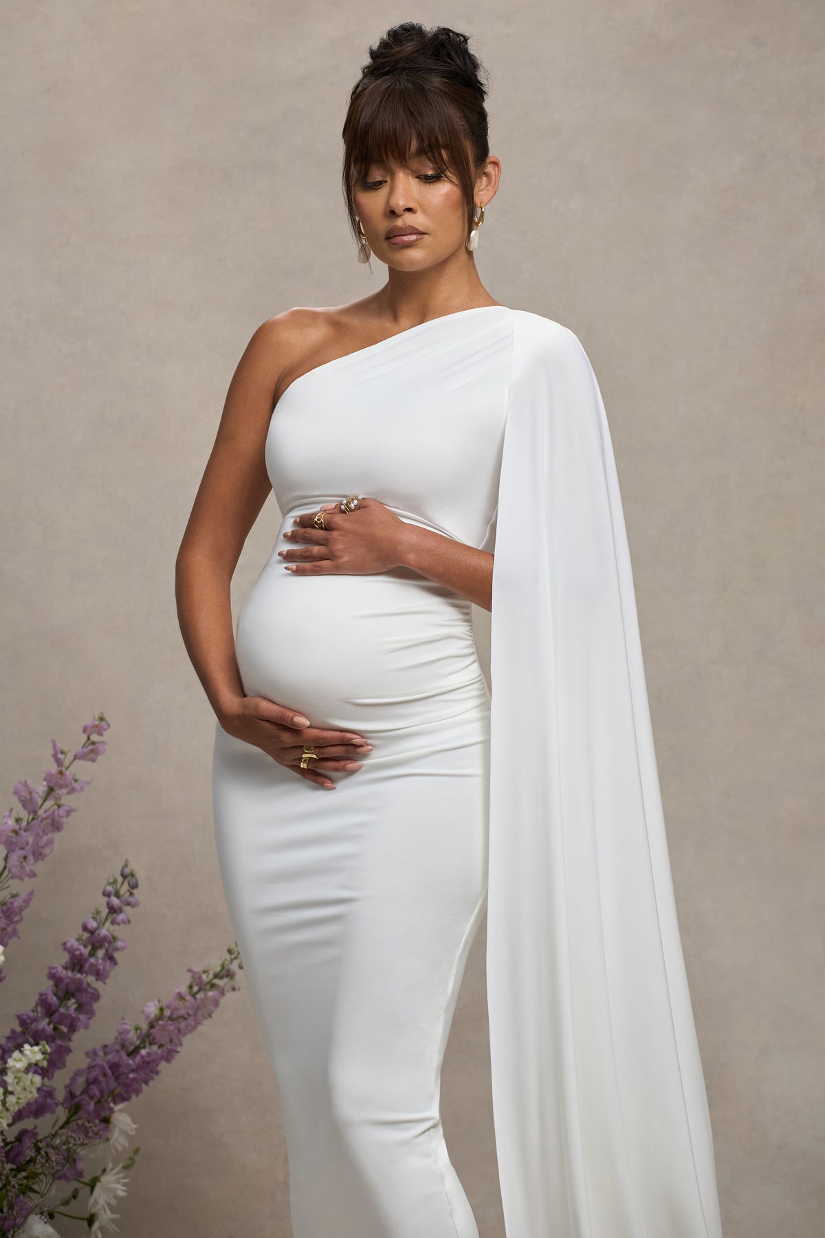 Amaryllis | White Maternity One Shoulder Maxi Dress with Cape Sleeve - Club L 