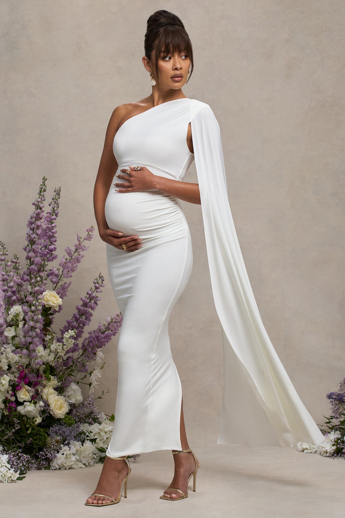 Amaryllis | White Maternity One Shoulder Maxi Dress with Cape Sleeve - Club L 