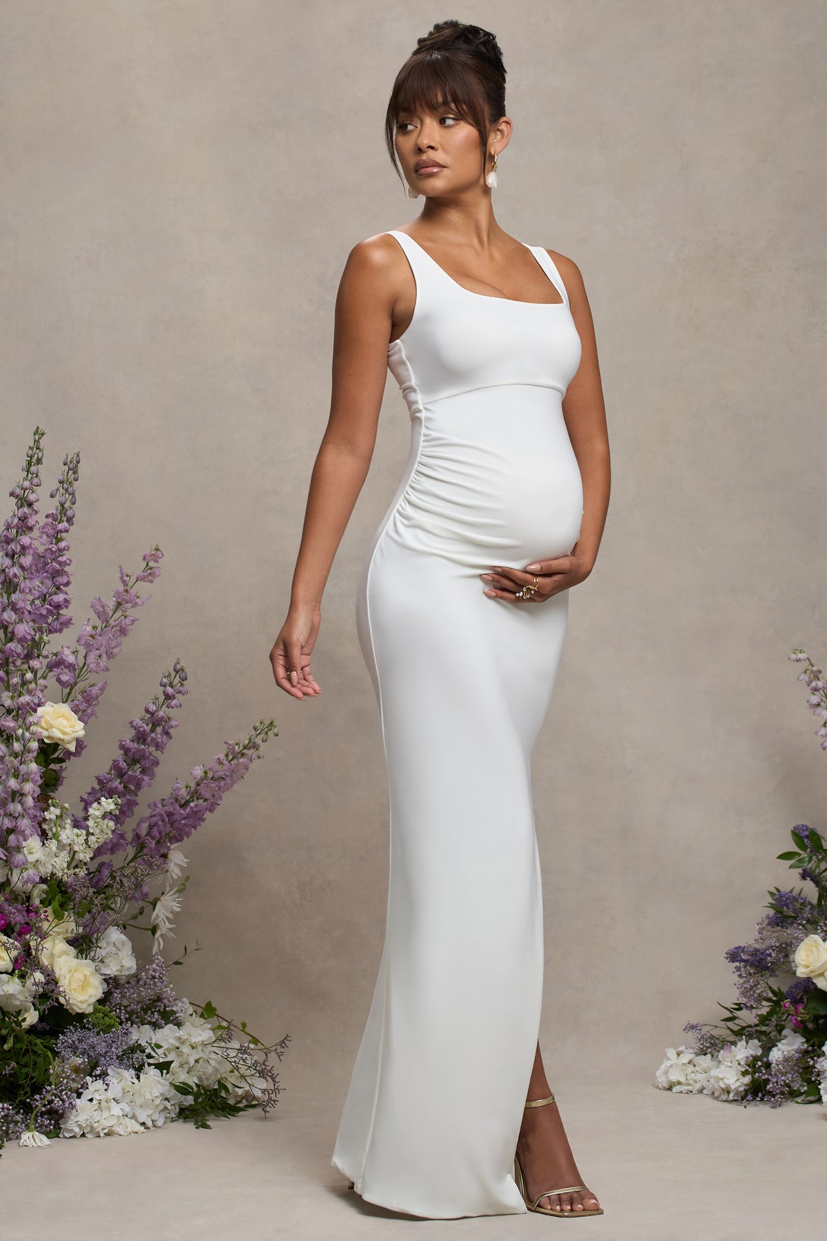 Avril | White Square Neck Maternity Maxi Dress with Split - Club L 