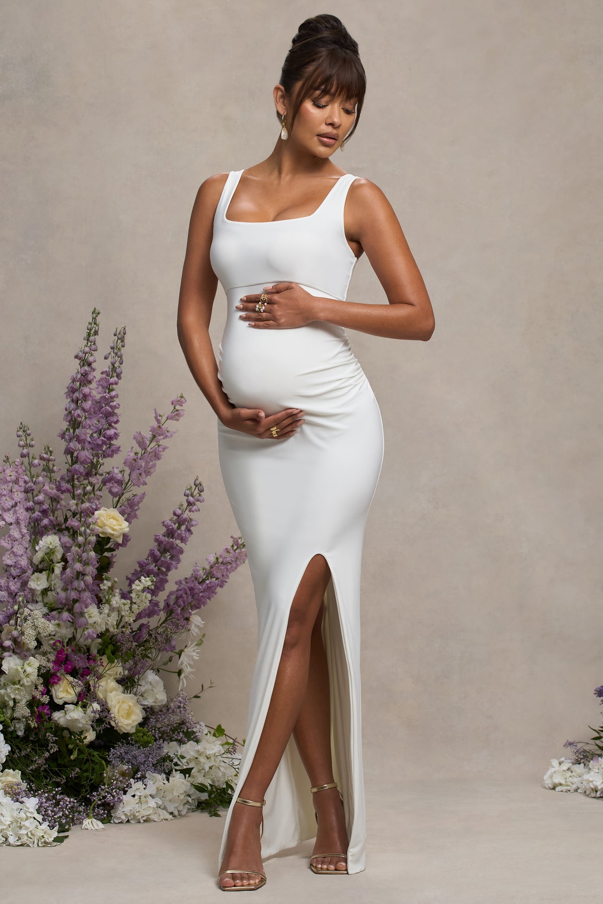 Avril | White Square Neck Maternity Maxi Dress with Split - Club L 