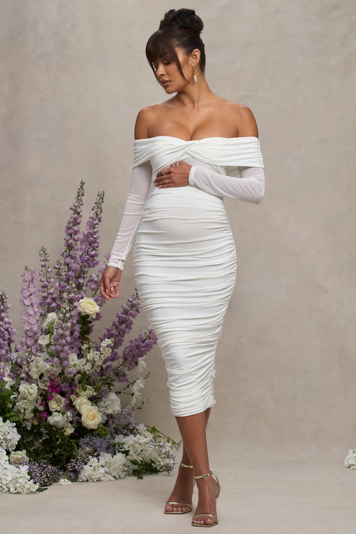Neva | White Bardot Twist Maternity Midi Dress - Club L 