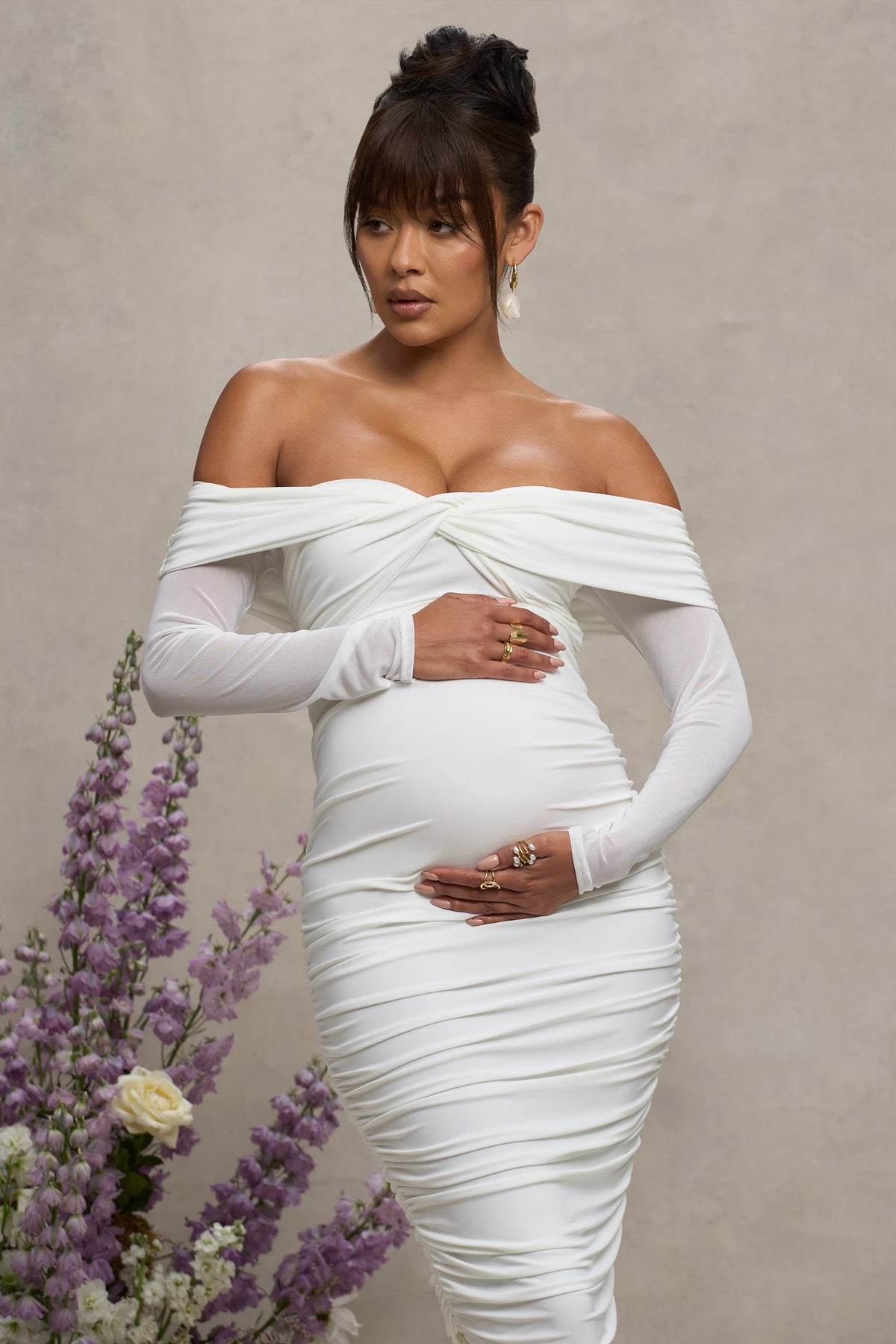 Neva | White Bardot Twist Maternity Midi Dress - Club L 