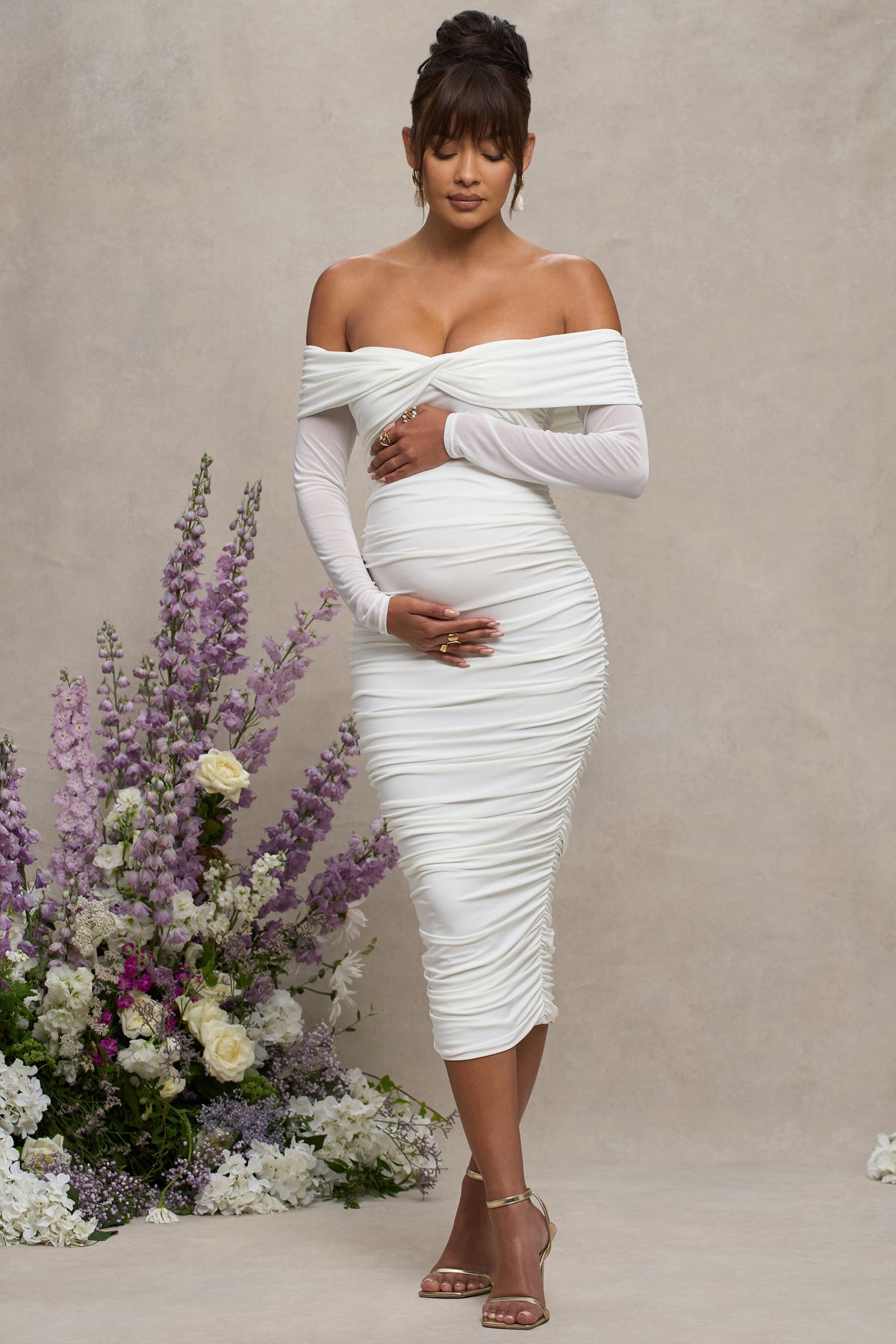 Neva | White Bardot Twist Maternity Midi Dress - Club L 