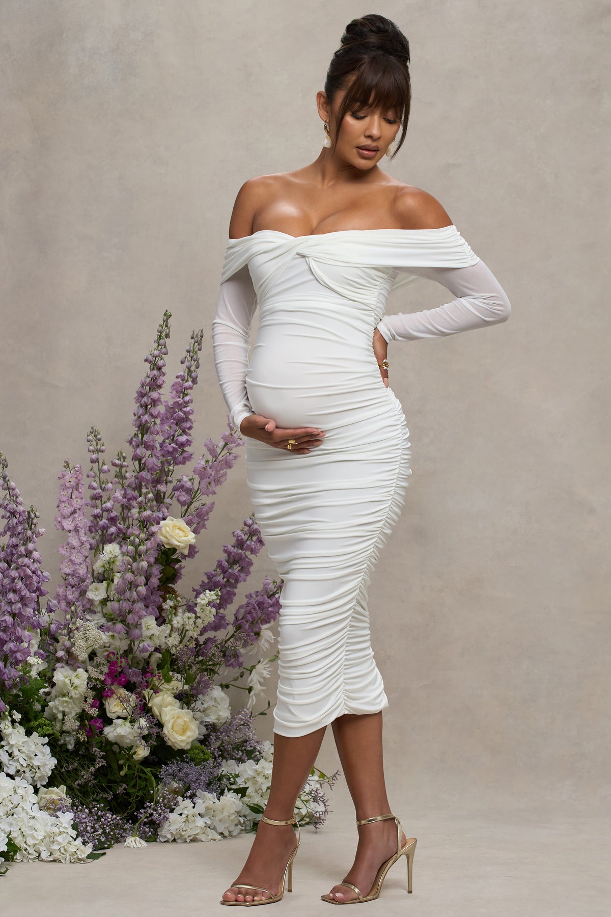 Neva | White Bardot Twist Maternity Midi Dress - Club L 