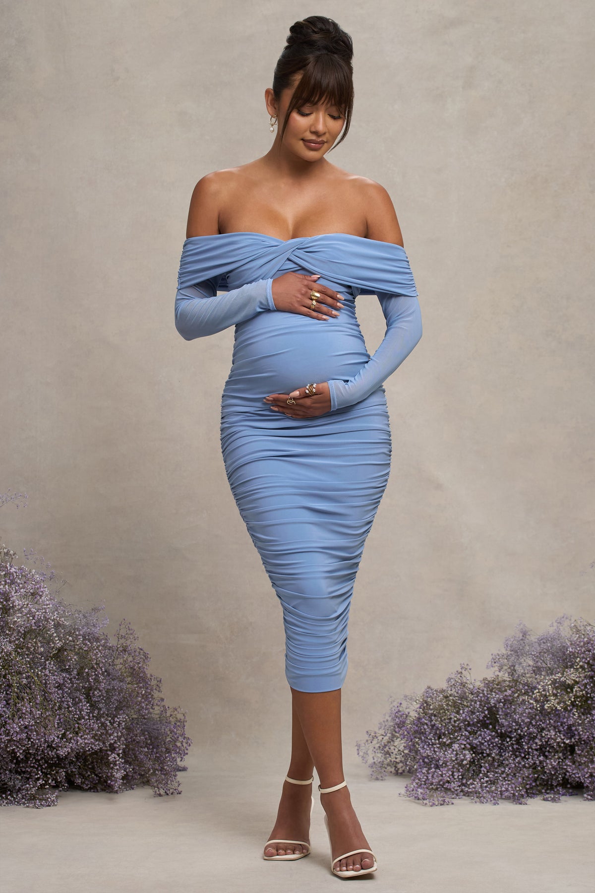 Neva | Powder Blue Bardot Twist Maternity Midi Dress - Club L 