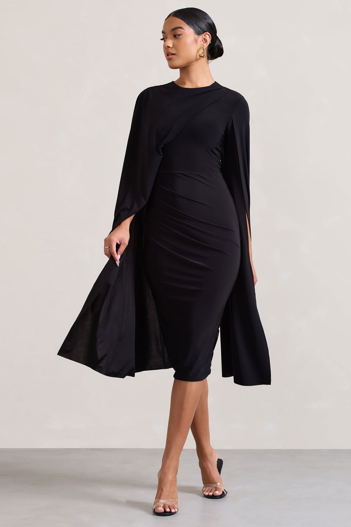 Marysol Black Asymmetric Cape Midi Dress – Club L London