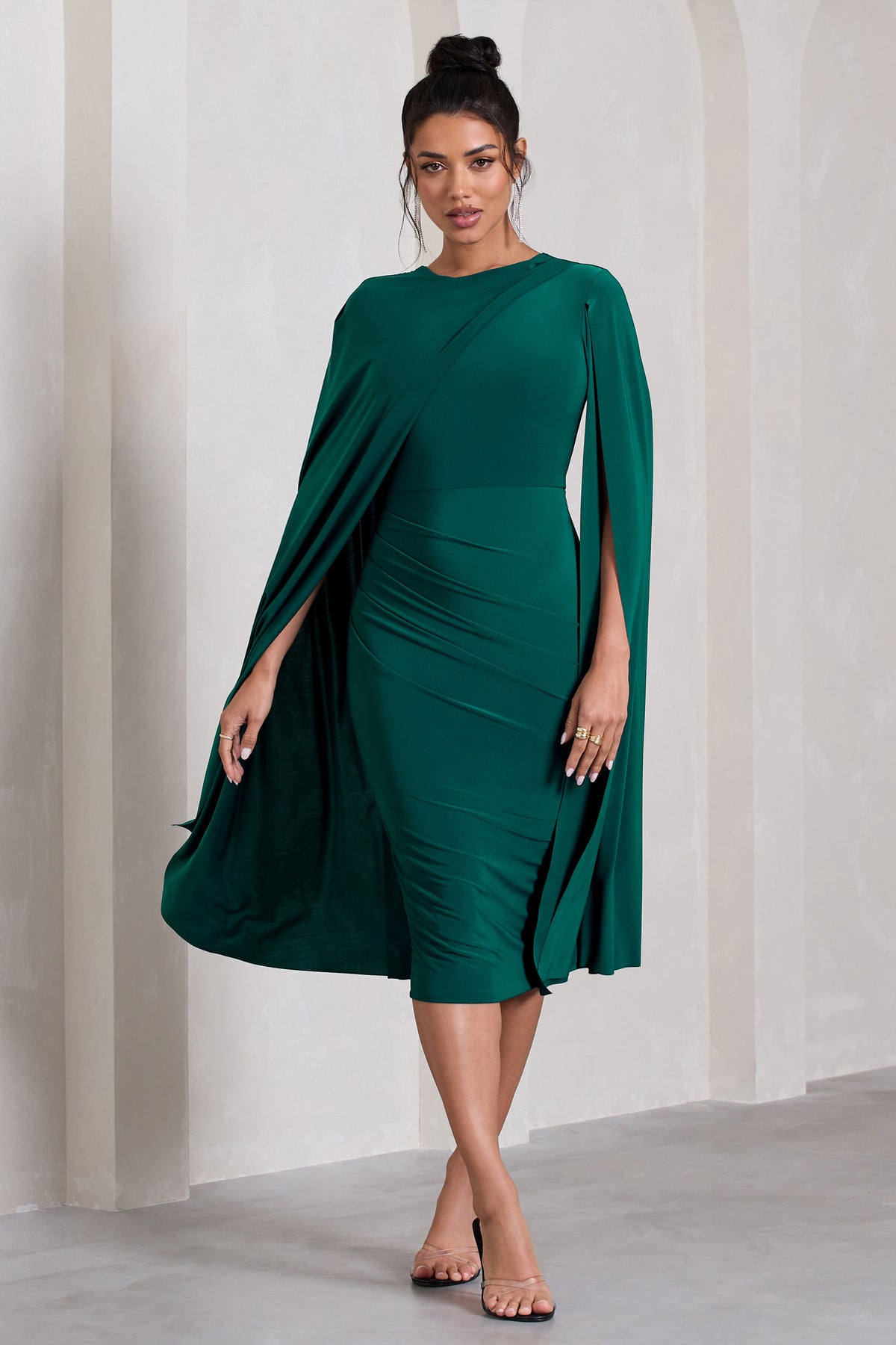 Marysol | Bottle Green Asymmetric Cape Midi Dress - Club L 