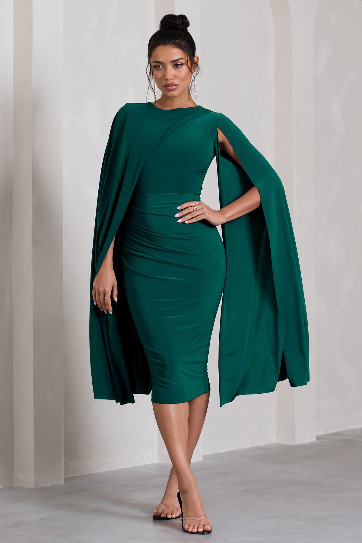 Marysol | Bottle Green Asymmetric Cape Midi Dress - Club L 