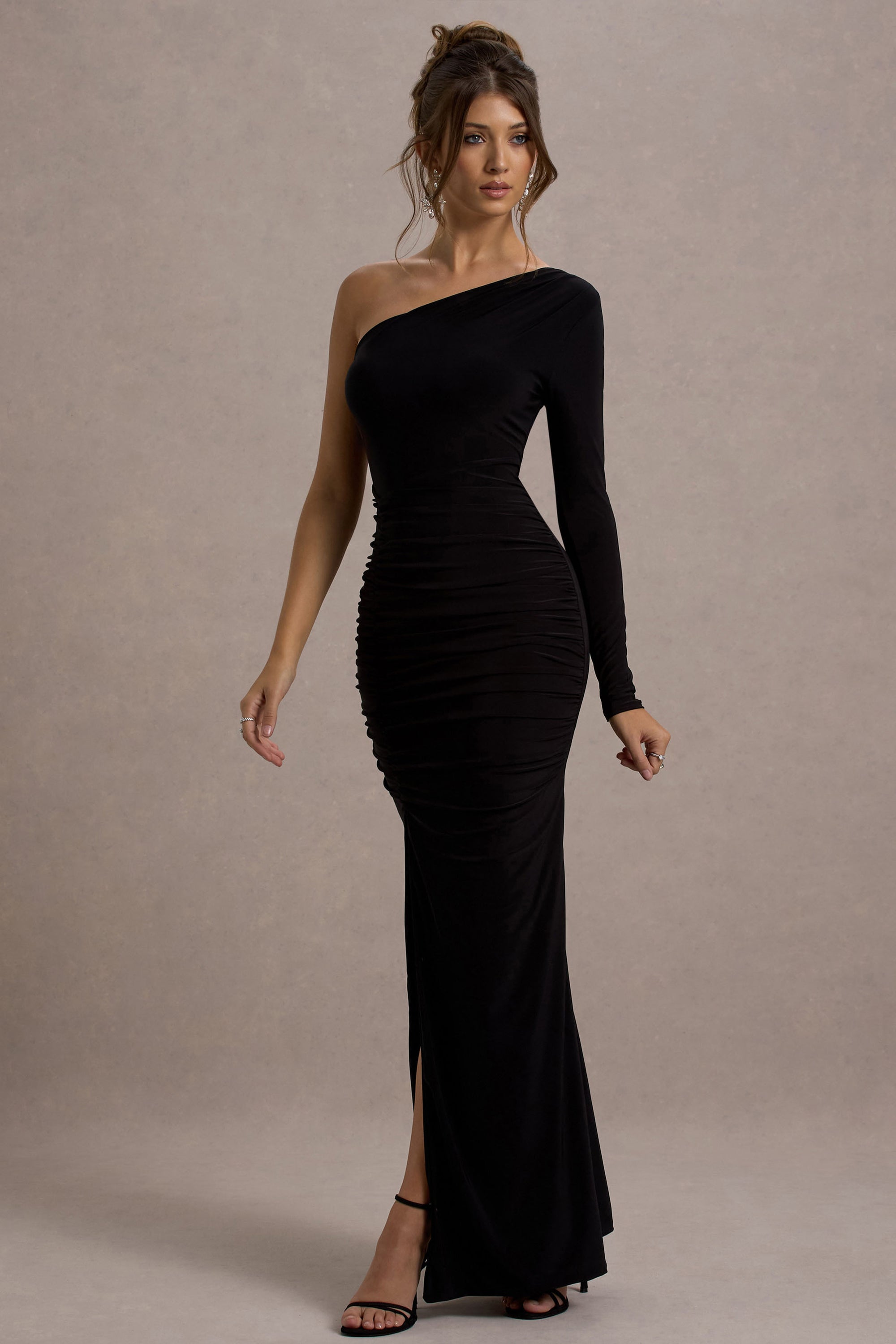 club l london black asymmetric dress Valor | Black Asymmetric Maxi Dress With Feather Trim