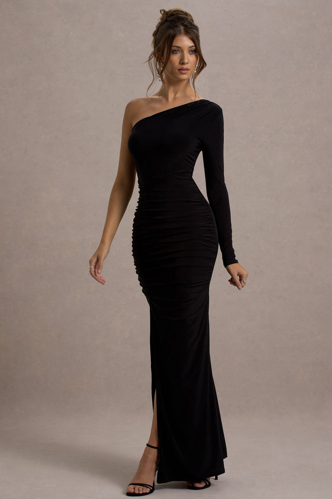 Doll Asymmetric One Sleeve Ruched Maxi Dress
