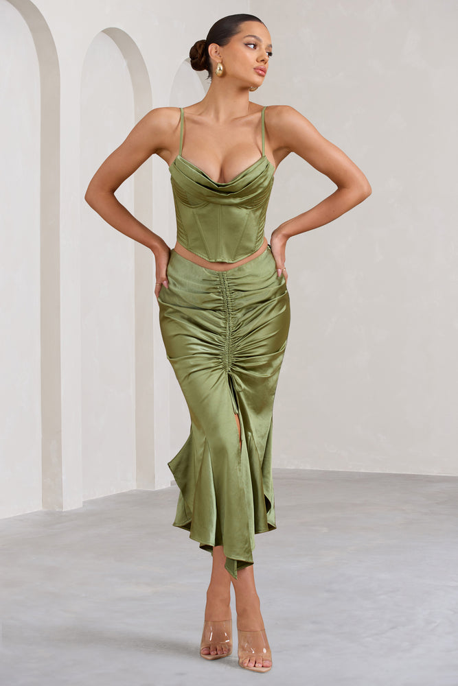 Per Favore Satin Ruched Split Maxi Skirt