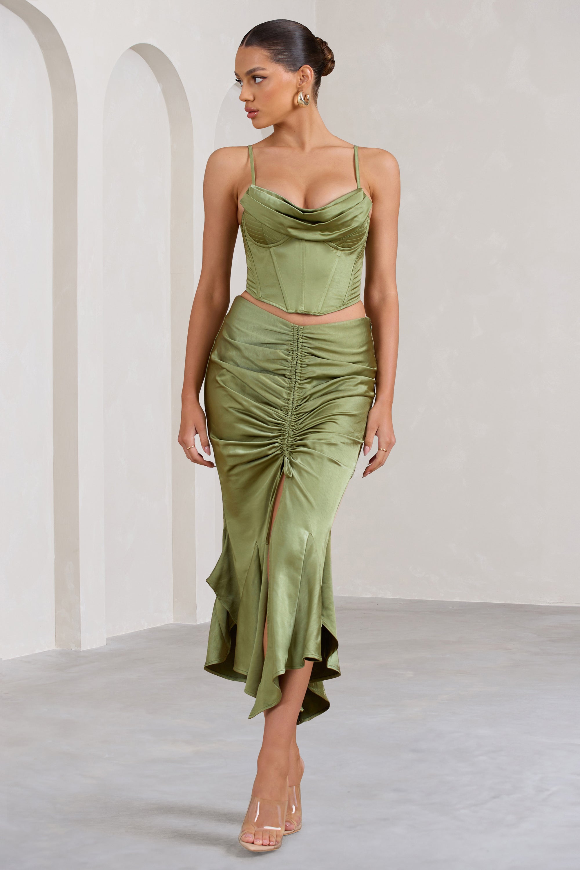 Per Favore | Olive Satin Ruched Split Maxi Skirt - Club L 