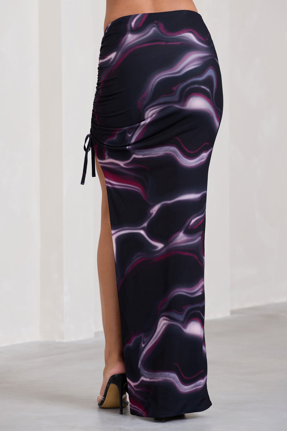 In The Air | Black Printed Ruched Asymmetric High-Waisted Maxi Skirt - Club L 