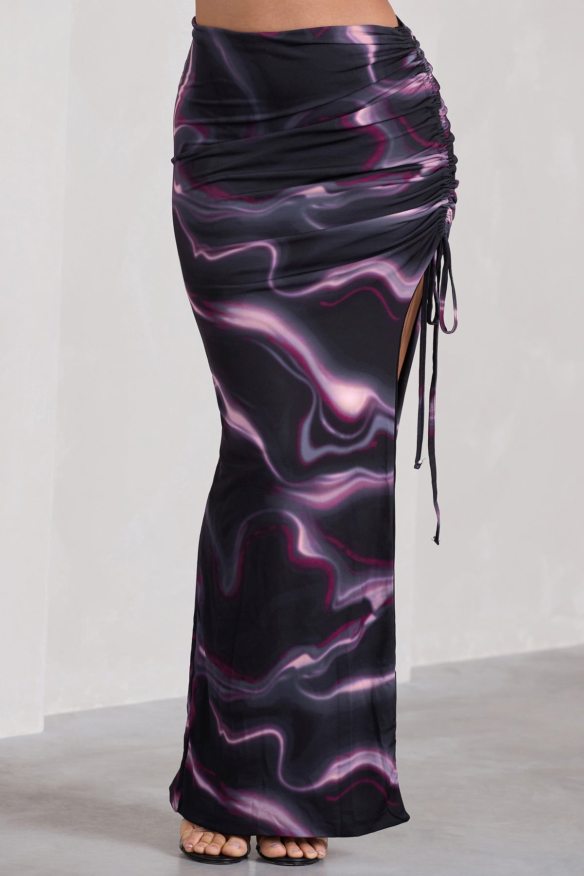 In The Air | Black Printed Ruched Asymmetric High-Waisted Maxi Skirt - Club L 