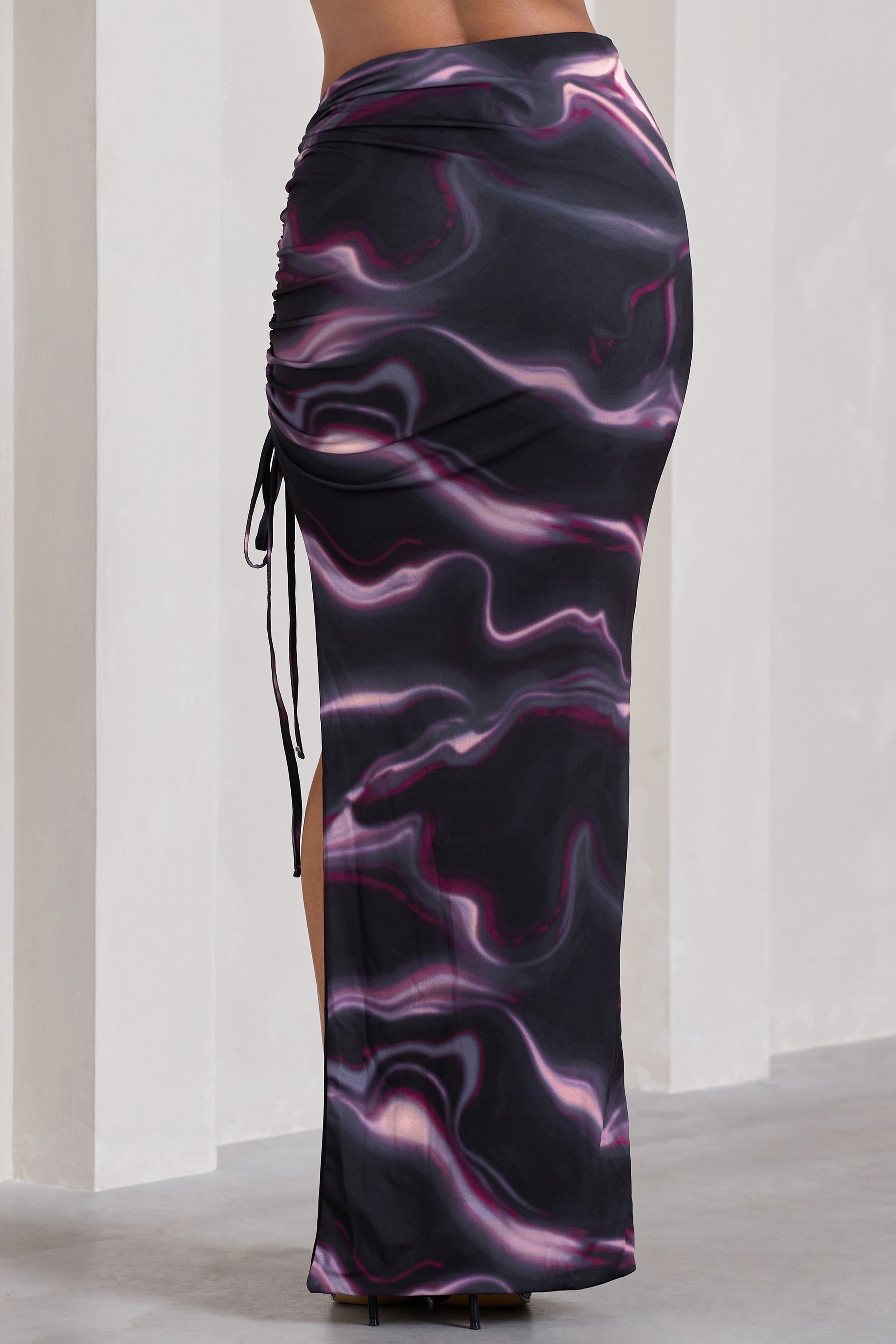 In The Air | Black Printed Ruched Asymmetric High-Waisted Maxi Skirt - Club L 