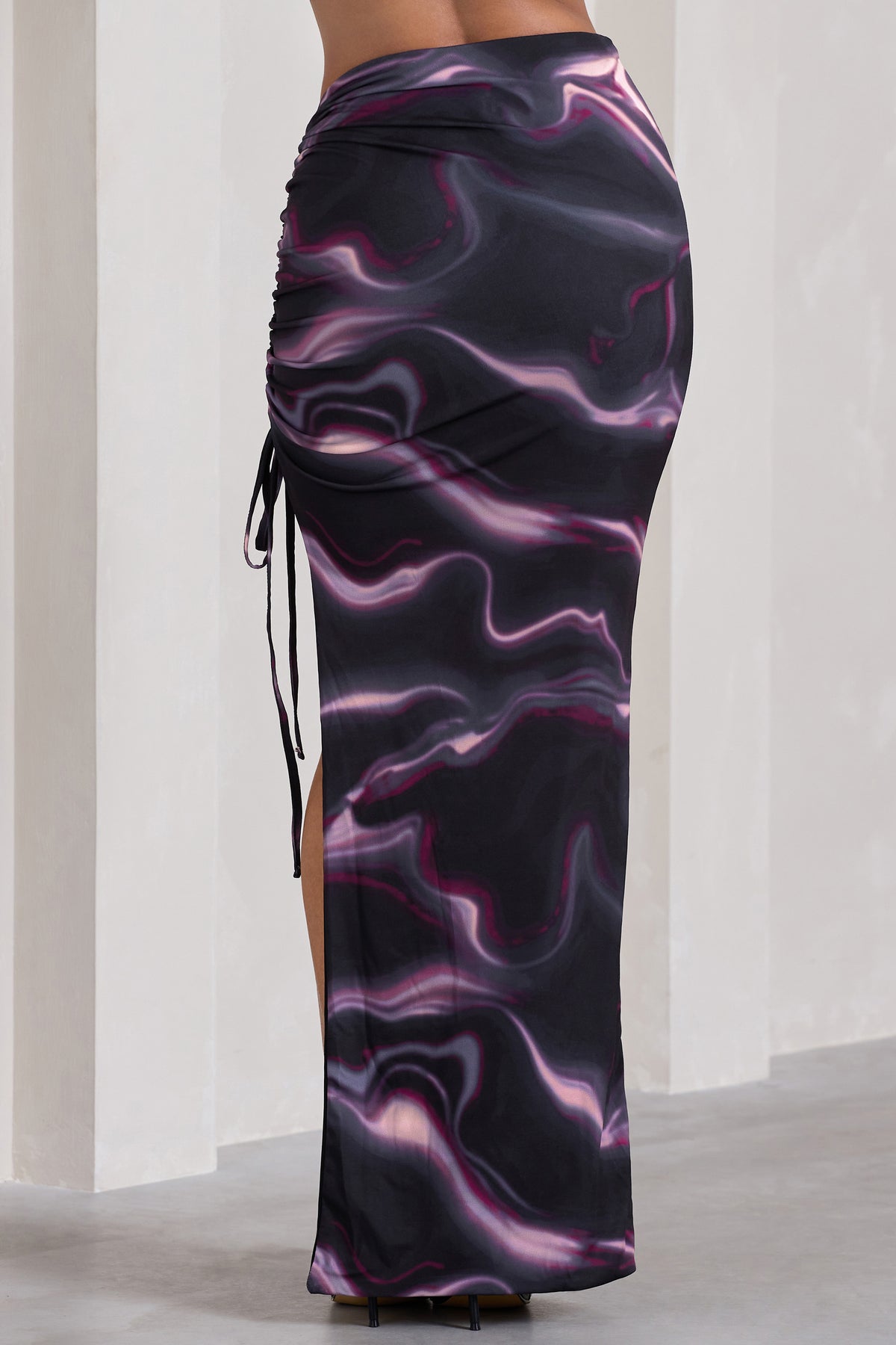 In The Air | Black Printed Ruched Asymmetric High-Waisted Maxi Skirt - Club L 