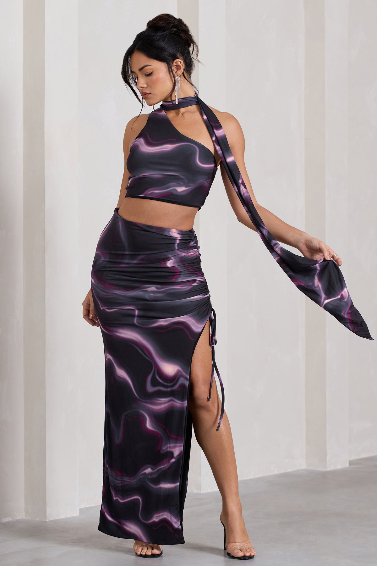 In The Air | Black Printed Ruched Asymmetric High-Waisted Maxi Skirt - Club L 