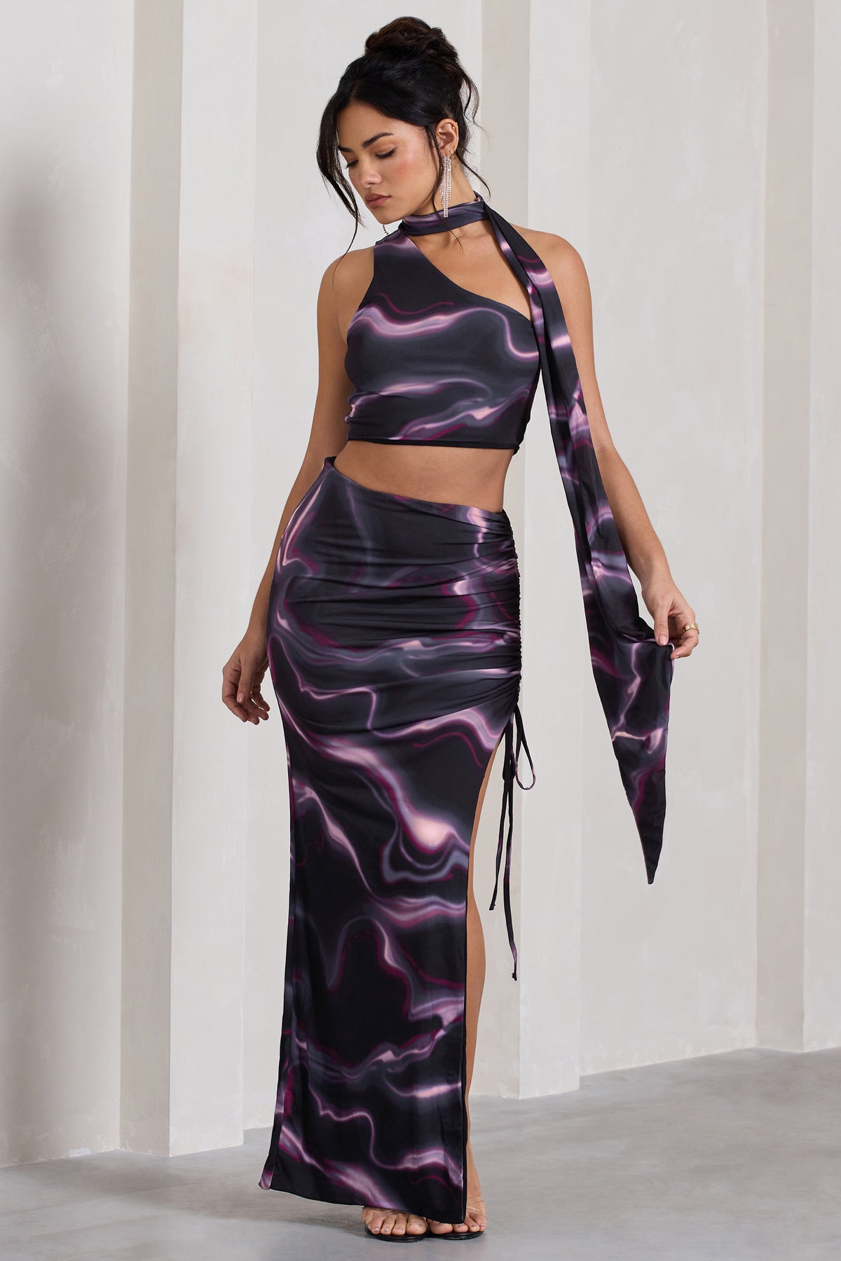 In The Air | Black Printed Ruched Asymmetric High-Waisted Maxi Skirt - Club L 