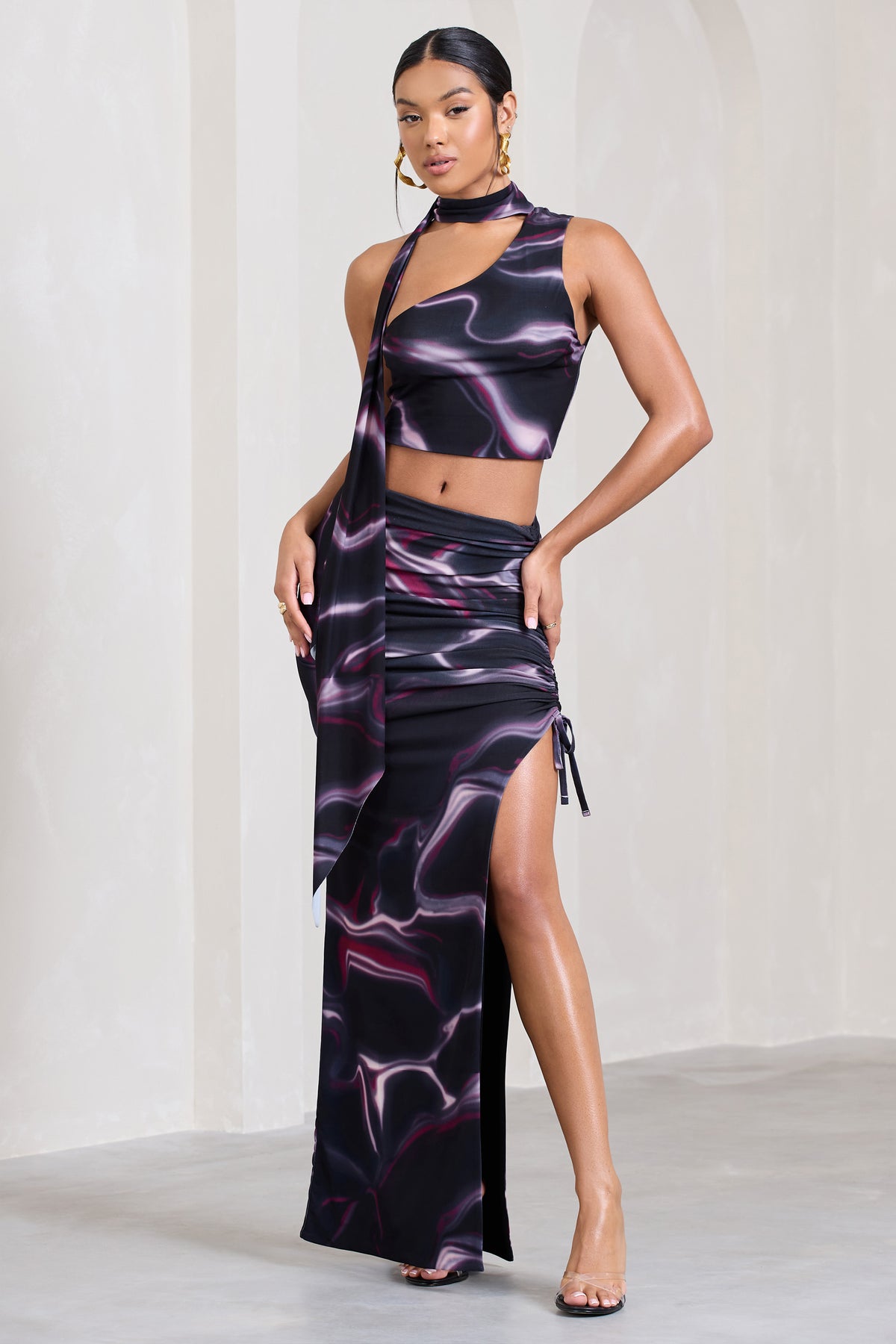 In The Air | Black Printed Ruched Asymmetric High-Waisted Maxi Skirt - Club L 