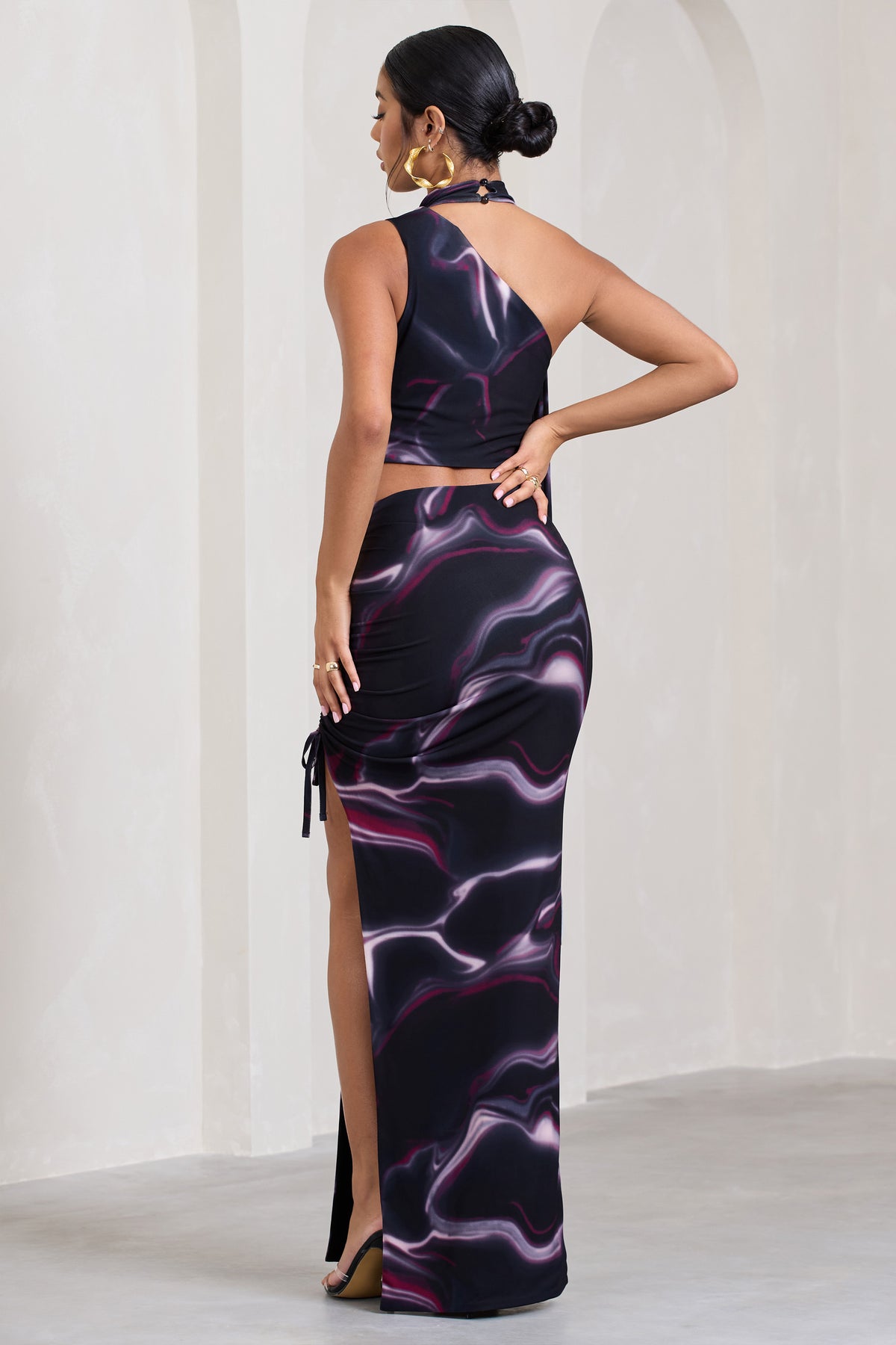 In The Air | Black Printed Ruched Asymmetric High-Waisted Maxi Skirt - Club L 