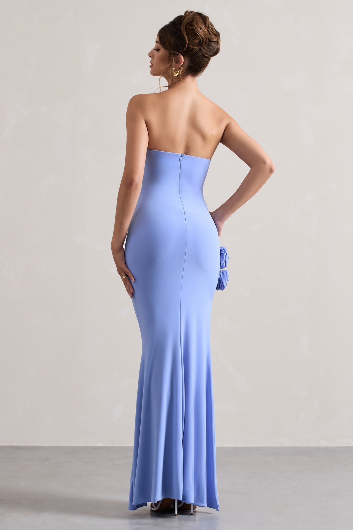 My Muse | Blue Ruched Bandeau Split Maxi Dress With Flowers - Club L 