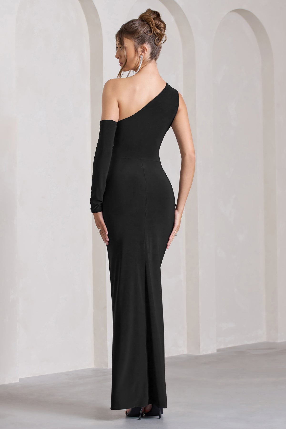 Carlina | Black Ruched One Shoulder Cut-Out Split Maxi Dress - Club L 