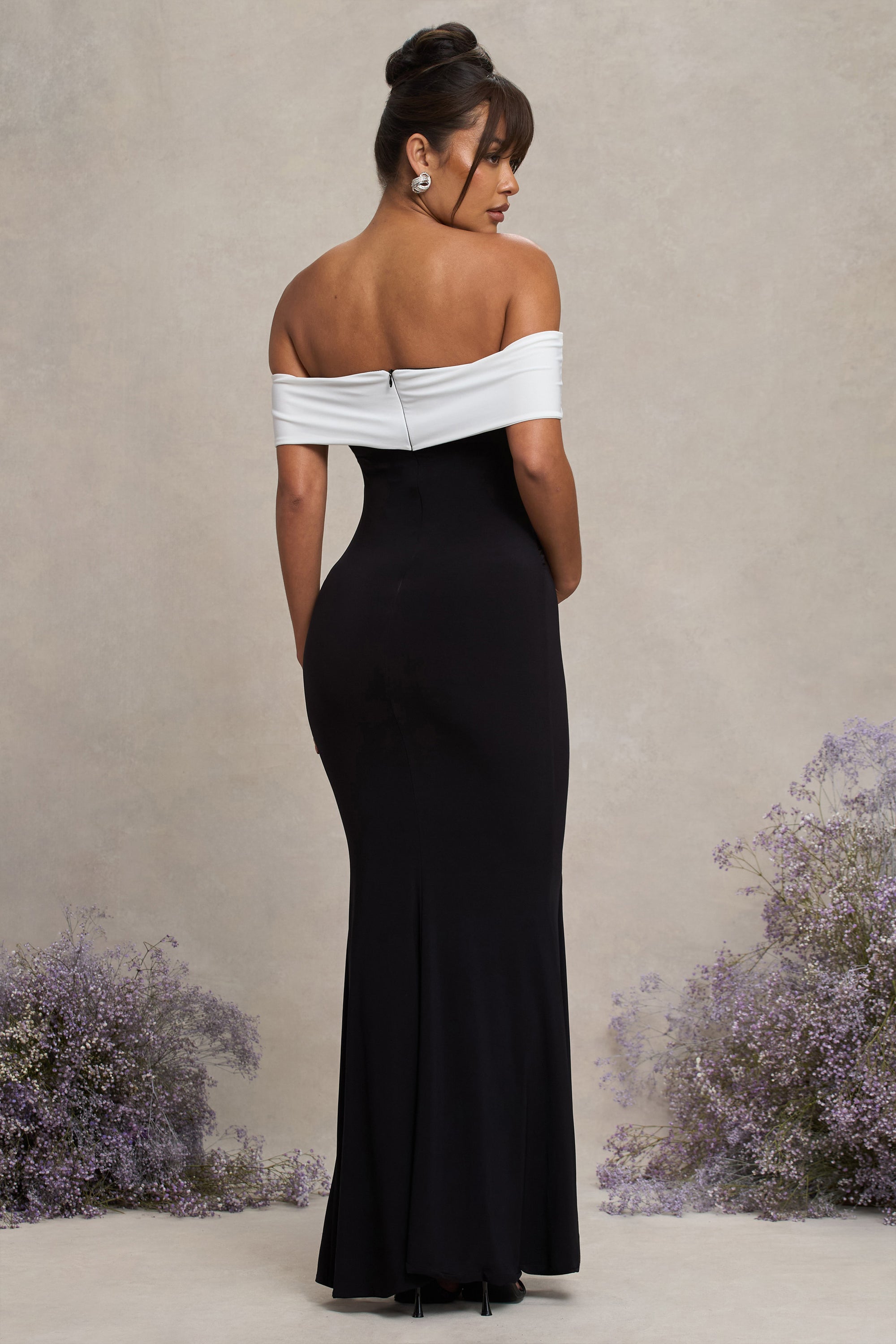 In Bloom | Black & White Bardot Maternity Maxi Dress With Flower - Club L 