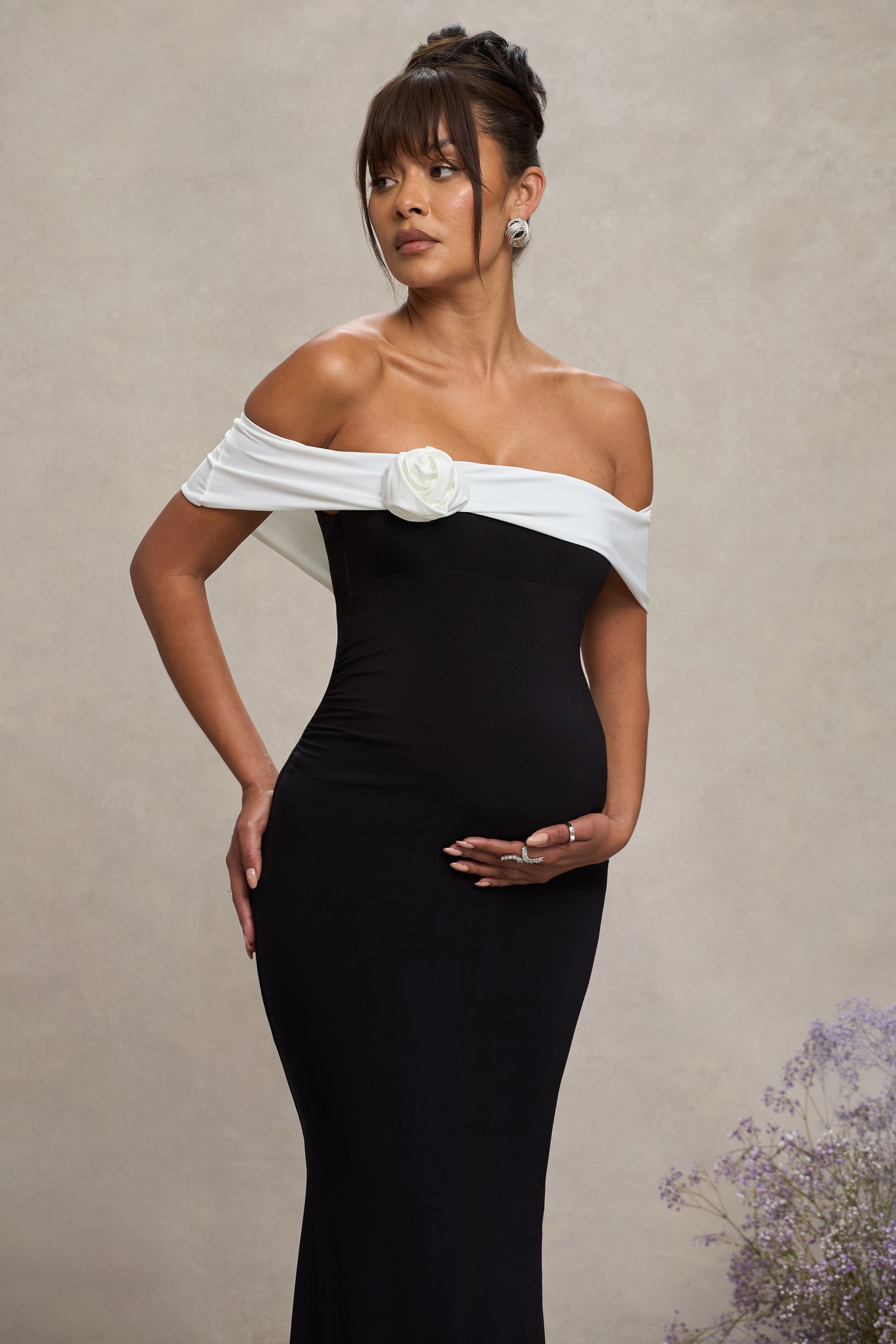 In Bloom | Black & White Bardot Maternity Maxi Dress With Flower - Club L 