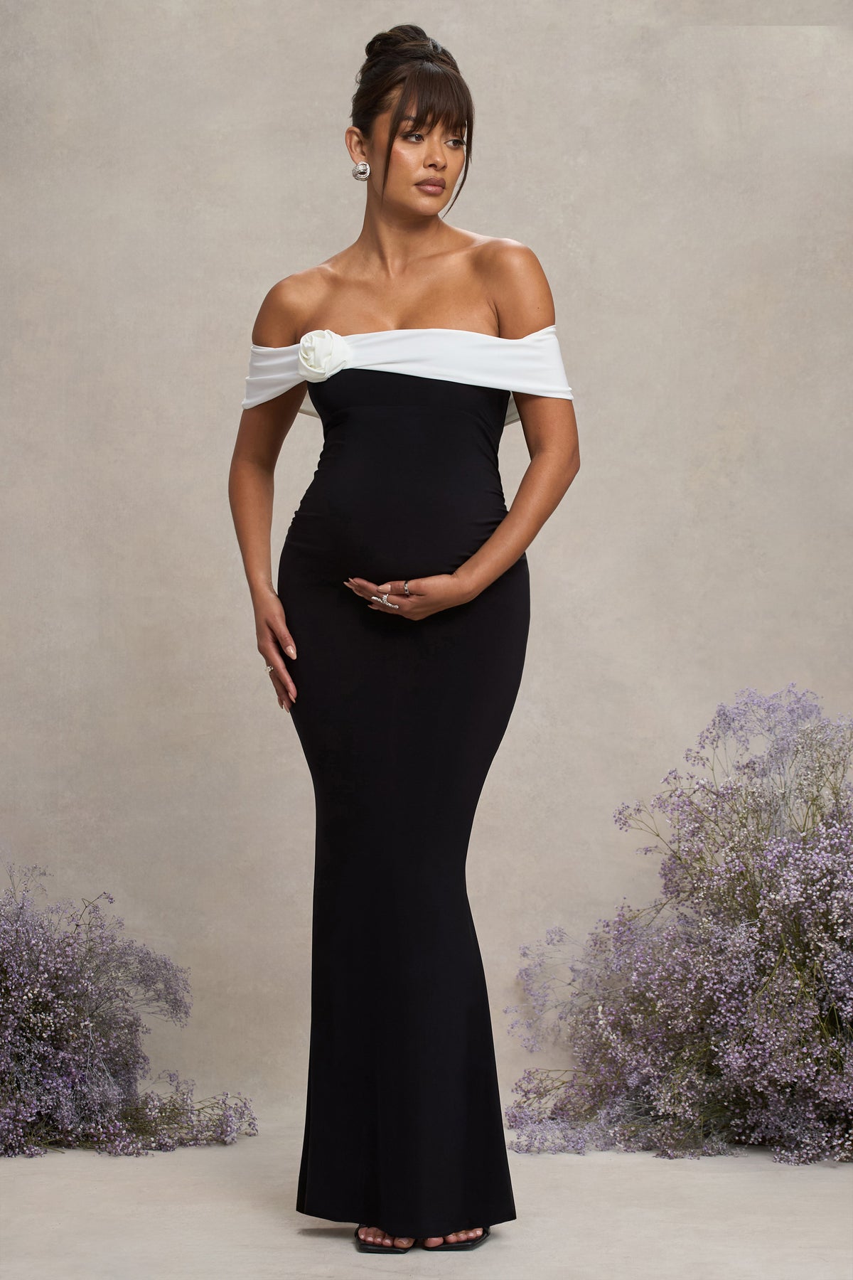 In Bloom Black & White Bardot Maternity Maxi Dress With Flower – Club L London In Bloom Black & White Bardot Maternity Maxi Dress With Flower – Club L London