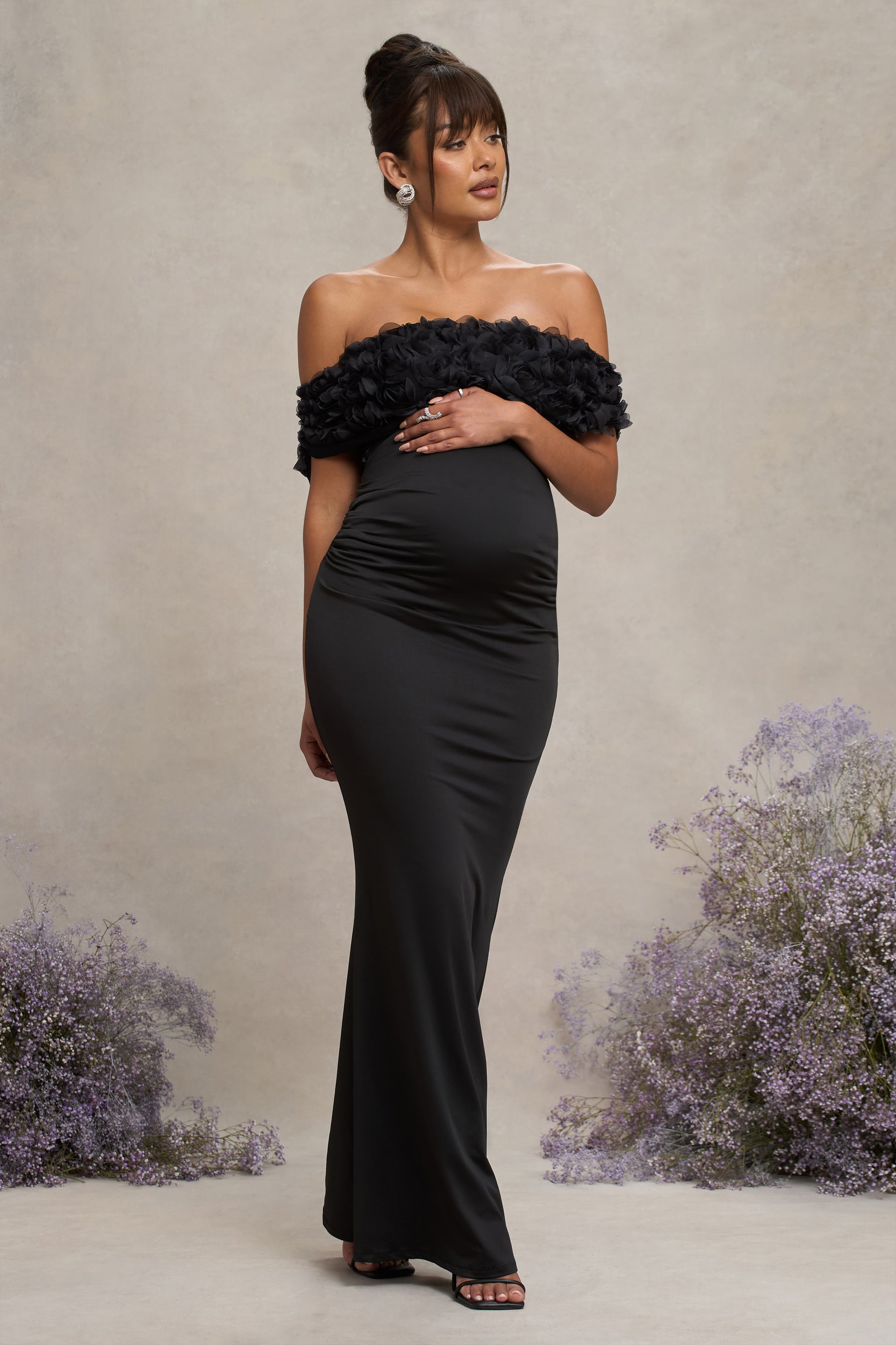 Inflorescence | Black Mesh Floral Bardot Maternity Maxi Dress - Club L 