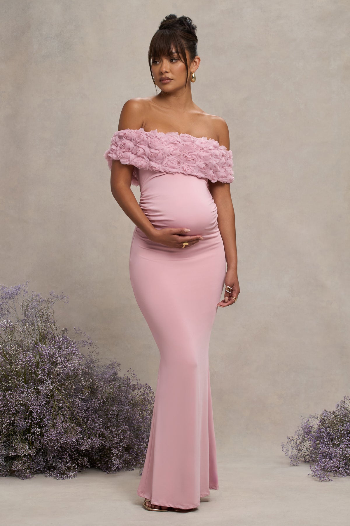 Inflorescence Blush Pink Mesh Floral Bardot Maternity Maxi Dress Club L London - UK Inflorescence Blush Pink Mesh Floral Bardot Maternity Maxi Dress Club L London - UK