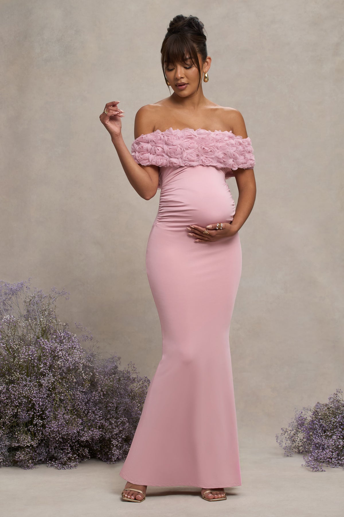 Inflorescence Blush Pink Mesh Floral Bardot Maternity Maxi Dress Club L London - UK Inflorescence Blush Pink Mesh Floral Bardot Maternity Maxi Dress Club L London - UK