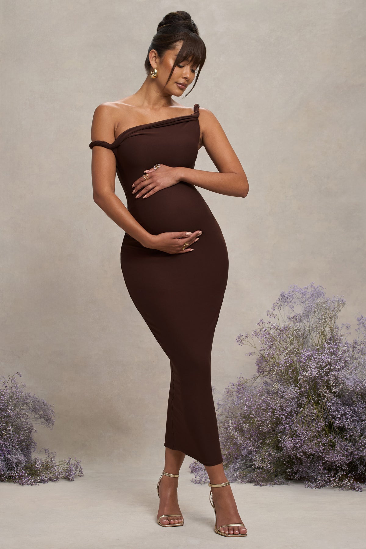 Salome Chocolate Brown Twisted Asymmetric Maternity Midi Dress Club L London - UK Salome Chocolate Brown Twisted Asymmetric Maternity Midi Dress Club L London - UK